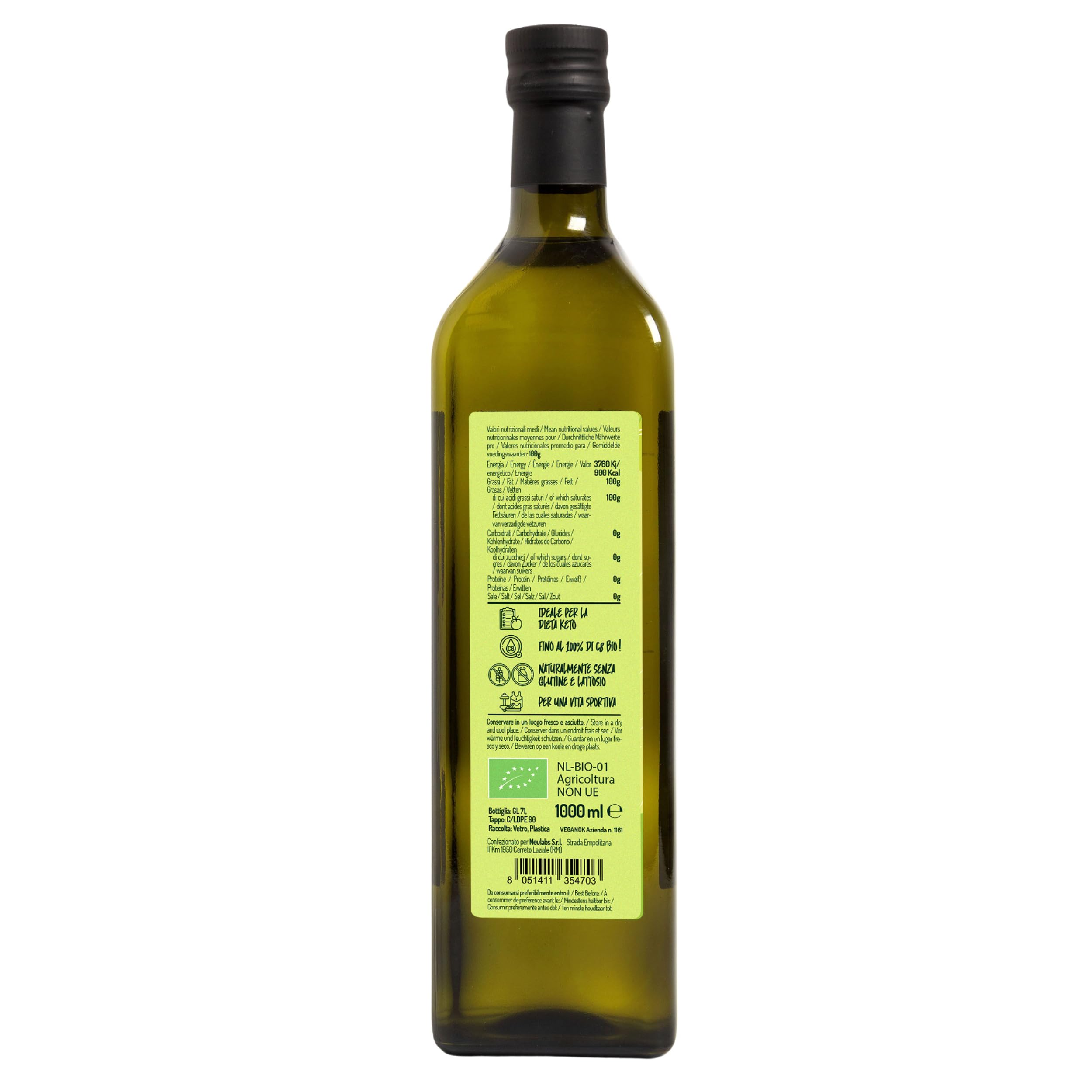CIBO CRUDO crudo biologico vegan Olio MCT C8 Puro Biologico Spremuto a Freddo - 1LT. Olio di Cocco MCT Commestibile Bio e Puro per Keto Paleo o per Sso su Corpo e Capelli. Olio Vegano e Vegetariano.