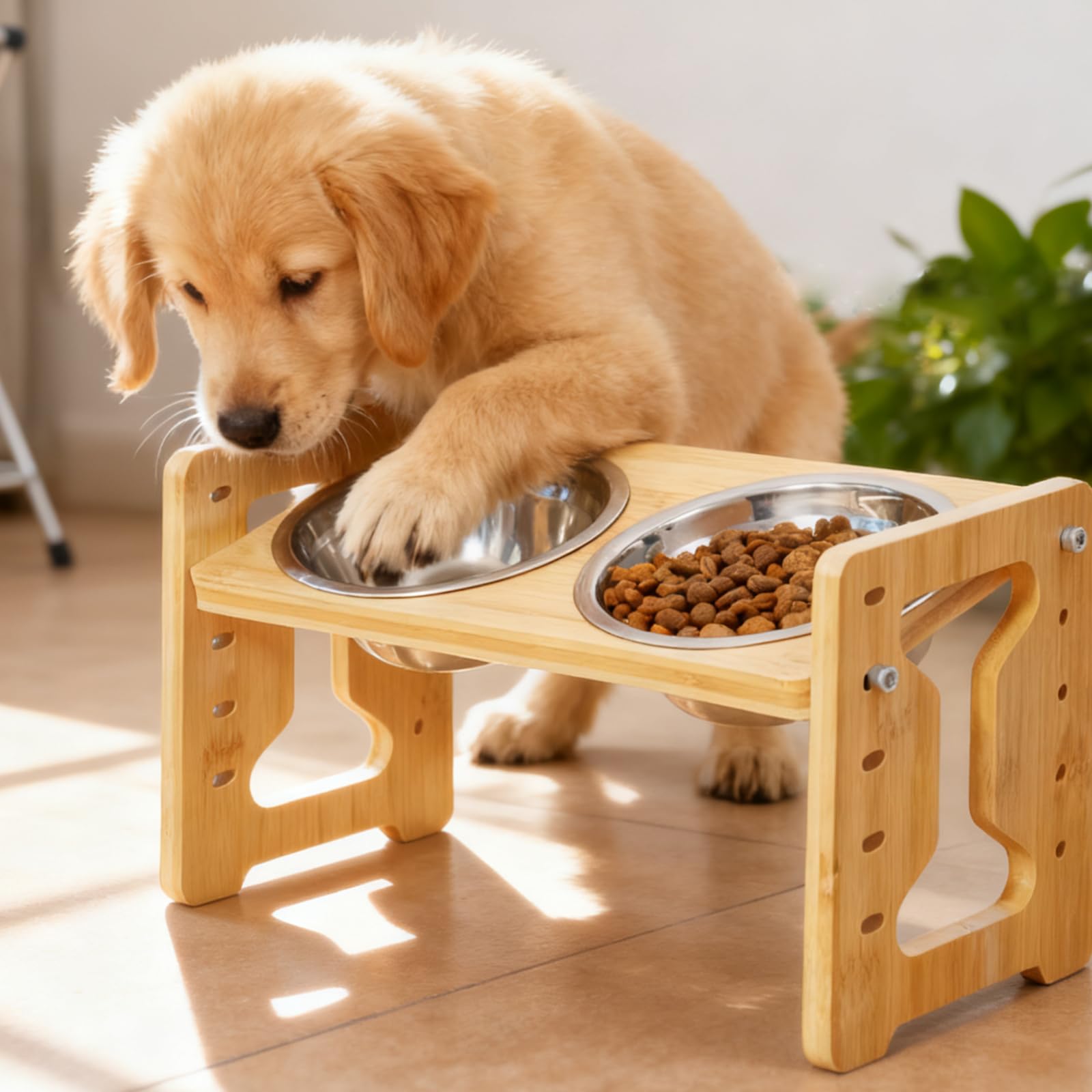 GOMETY Comedero para perros elevado con soporte, antideslizante, altura ajustable, 5 alturas ajustables, inclinación de 15°, estación de alimentación con 2 cuencos de acero inoxidable para perros