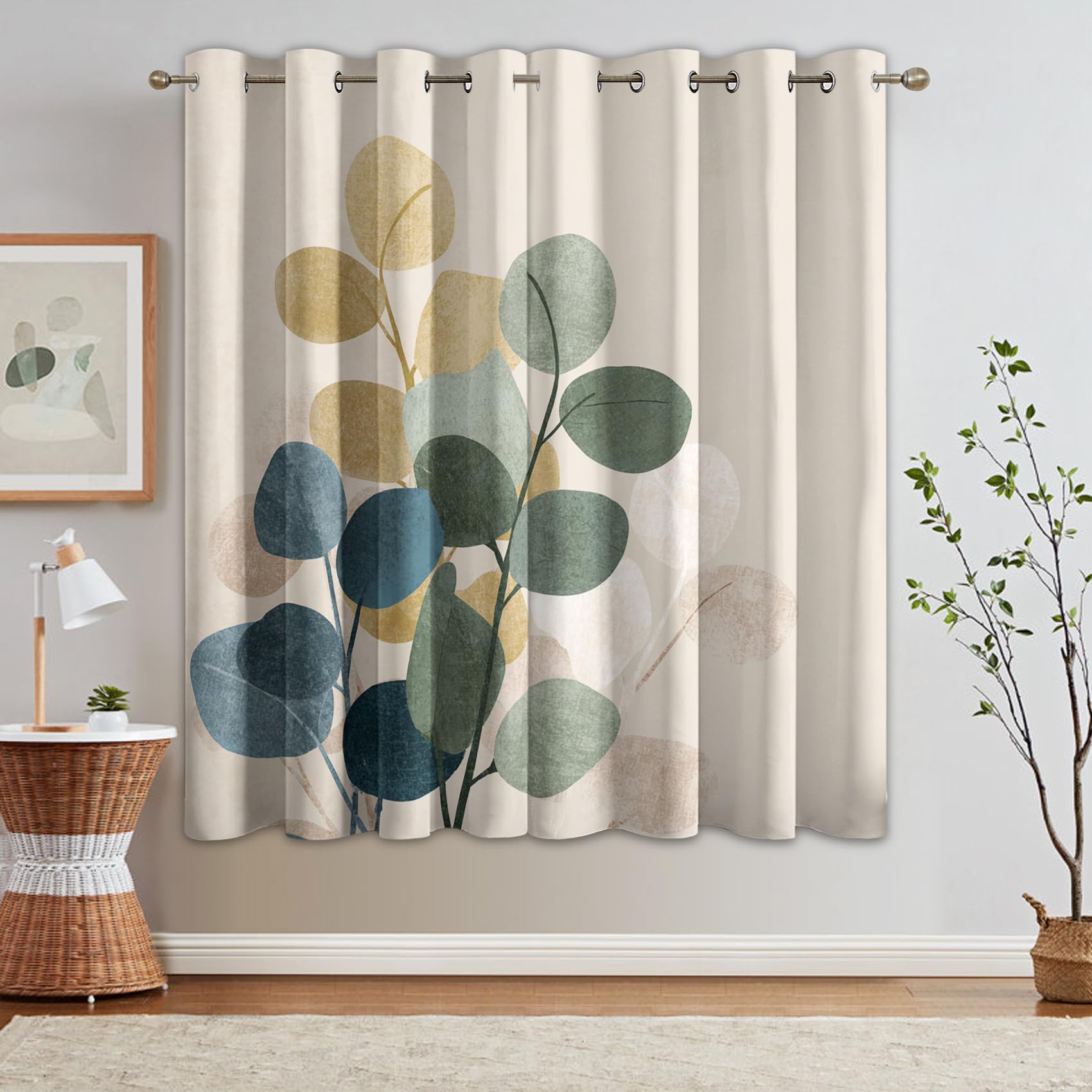 Generisch Eukalyptus Blätter Gardinen Blickdicht 2er Set, Vorhänge Blattmuster Landhausstil Motiv mit Ösen, Wohnzimmer Schlafzimmer Deko, Thermovorhang Verdunkelung, H 175 x B 140 - H443