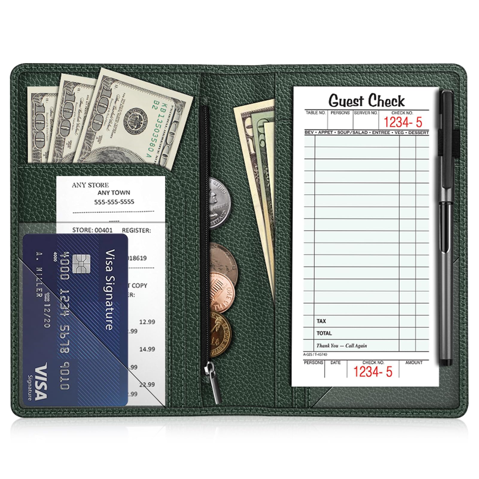 Fintie Server Book Organizer with Zipper Pocket, PU Leather Restaurant Guest Check Presenters Card Holder for Waitress, Waiter, Bartender (Midnight Green)