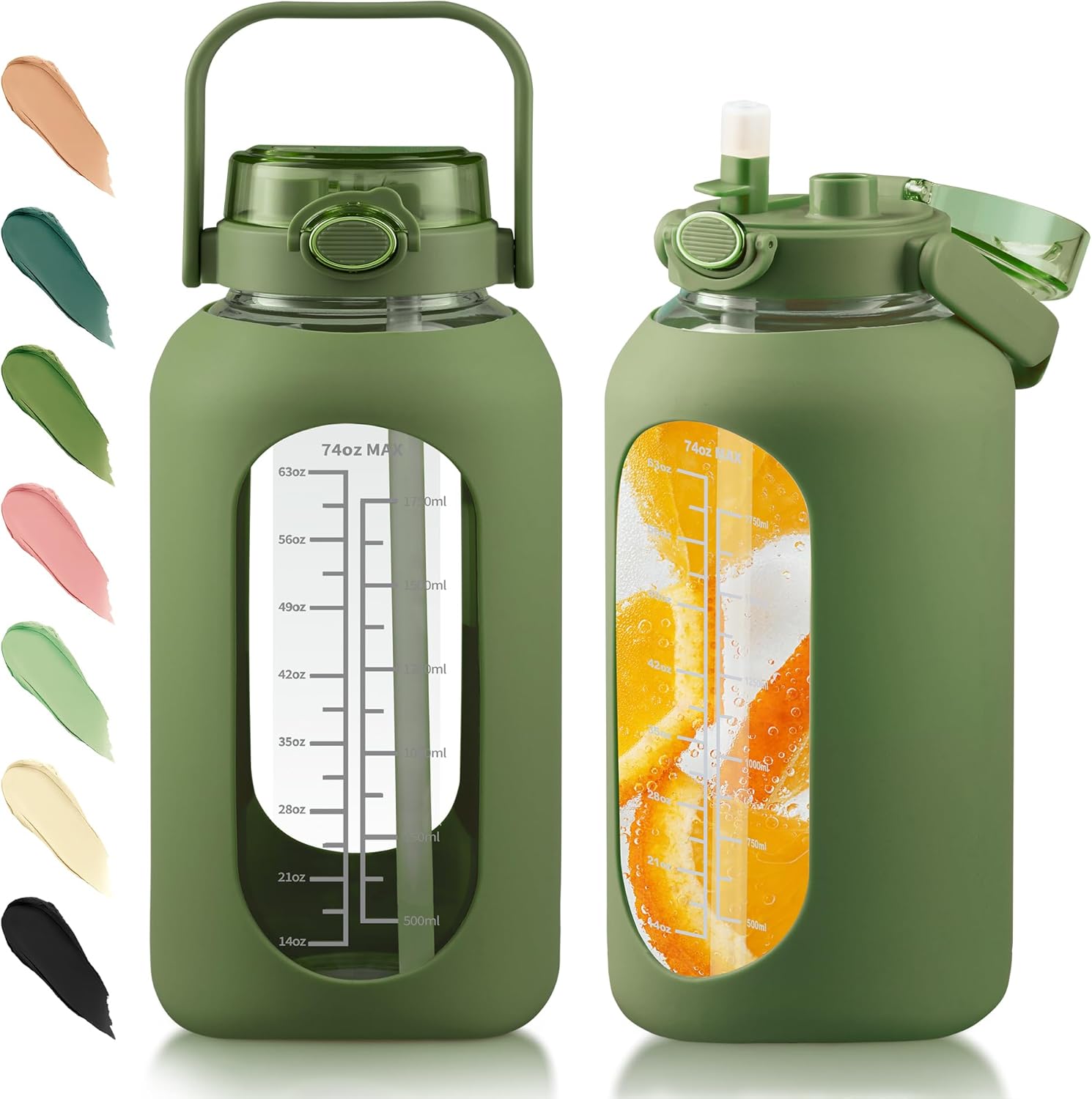 SIEROZUR 64 oz Glass Water Bottle with Straw and Handle Lid Half Gallon Motivational Glass Bottle with Silicone Sleeve and Time Marker Large Reusable Sports Water Jug for Gym Home Workout