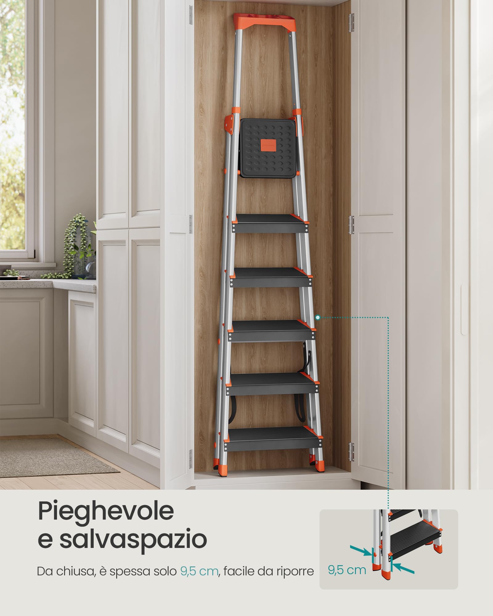 SONGMICS Scaletta a 6 Gradini, Scala Pieghevole in Lega di Alluminio, Gradini Larghi 12 cm, con Portautensili e Piedini Antiscivolo, Max. Portata Statica 150 kg, Nero e Arancione GLT06BK