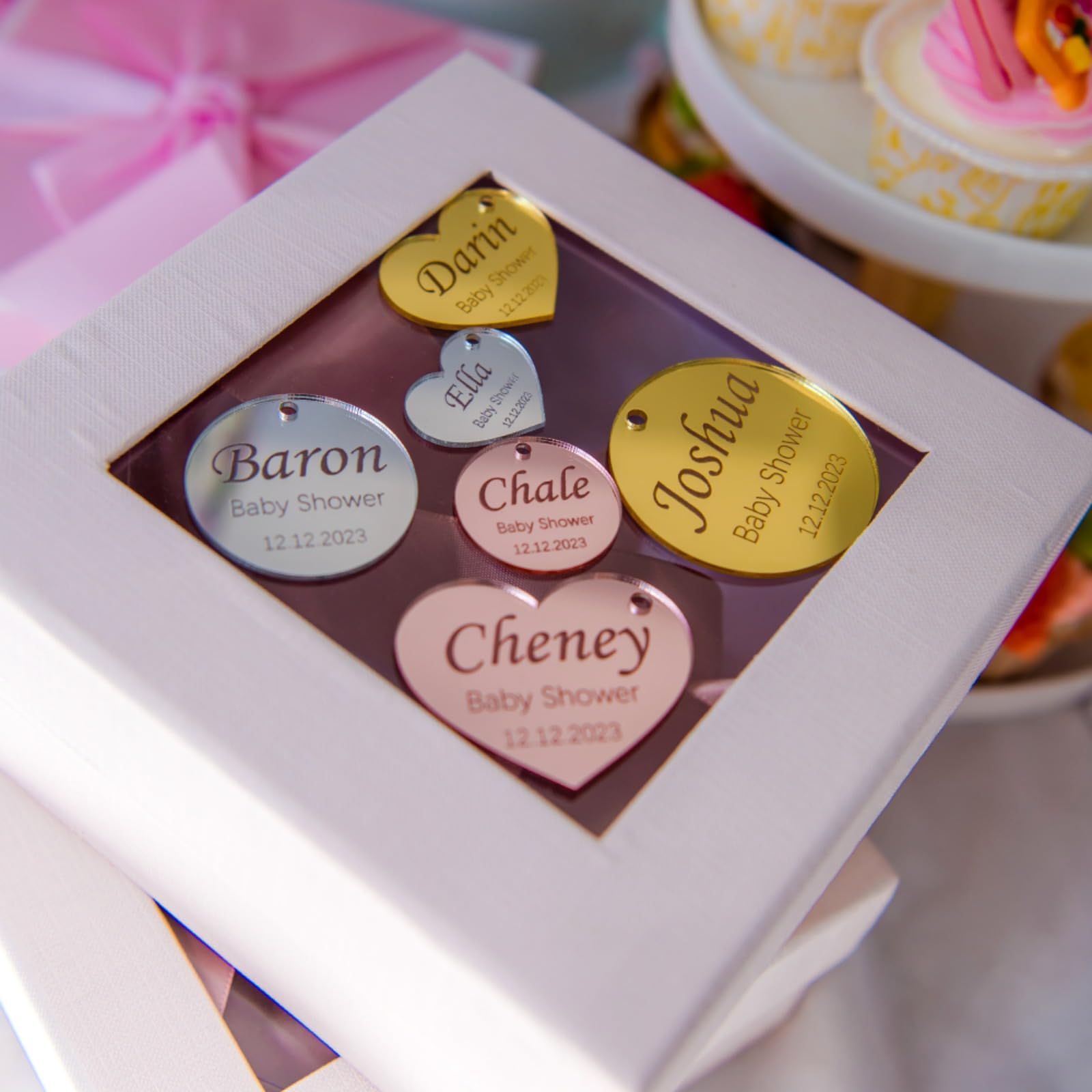 Personalisierte Spiegel-Acryl-Etiketten für Hochzeit, Verlobung, individuelles Namensschild, Taufe, Hochzeit, Babytaufe, Spiegel, Dekoration, Geschenkanhänger für Gastgeschenke (100 Stück)