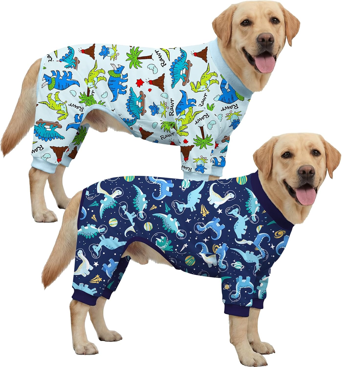 XPUDAC 2 Pack Dog Pajamas for Medium Large Sized Dog, Soft Warm Dog Onesie Stretch Lightweight Pet Outfit Jammies Pet Clothes Boy Dinosaur Print, 5XL