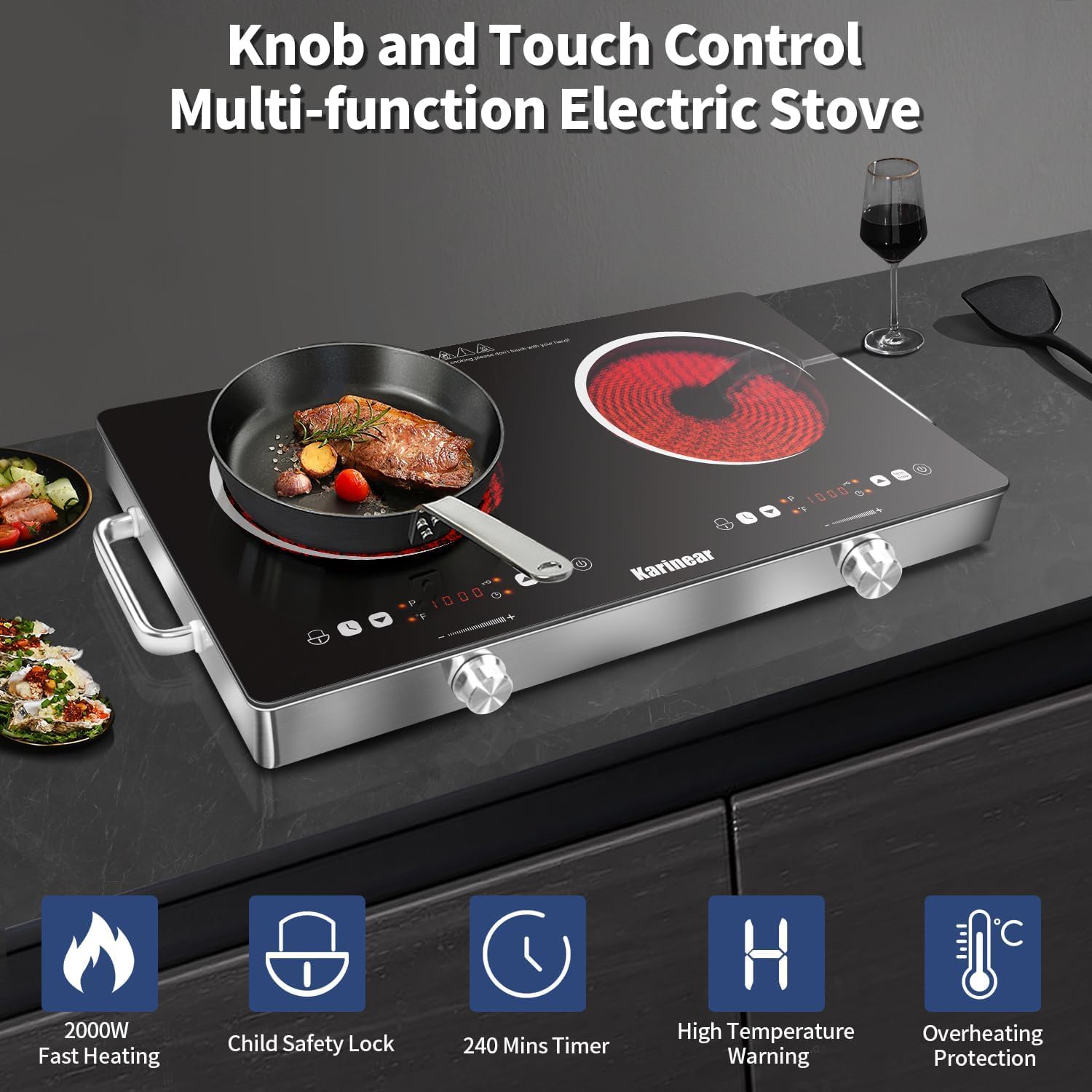 Karinear Double Ceramic Hob 2 Zone, 3200W Built in Electric Hob with Safety Lock & Knobs & Touch Control, 56cm Coutertop Hob with 9 Power Levels, 4 Hour Timer, 220-240V — view 2