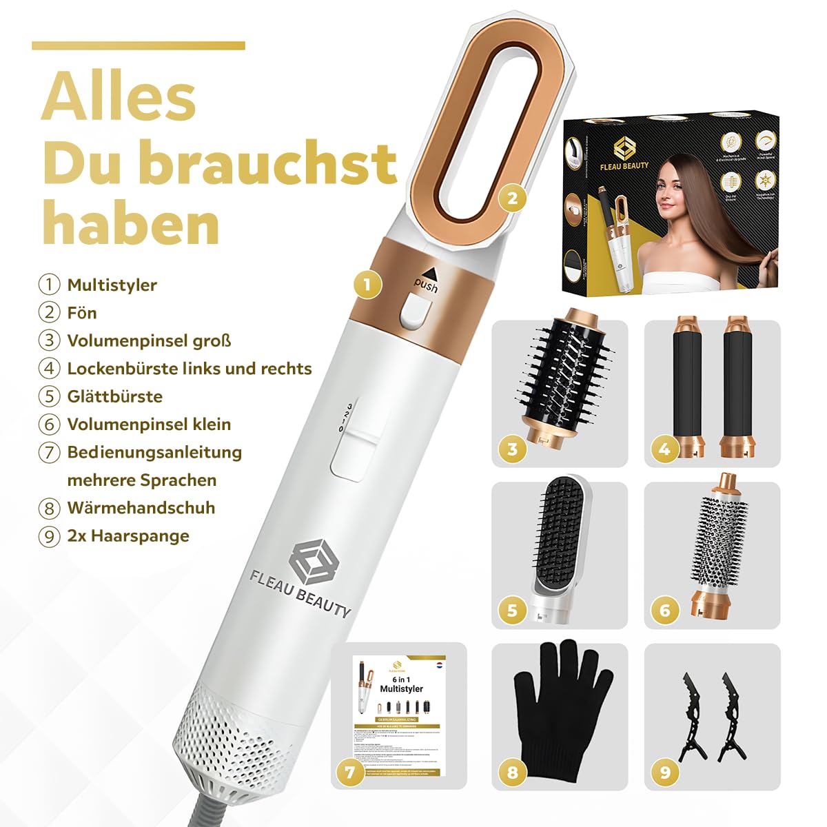 Fleau Beauty Haarbürste – PRO Edition – Multistyler – Lockenbürste – Airstyler – Stylingbürste – Hairstyler – 6 in 1 Set – Weiß