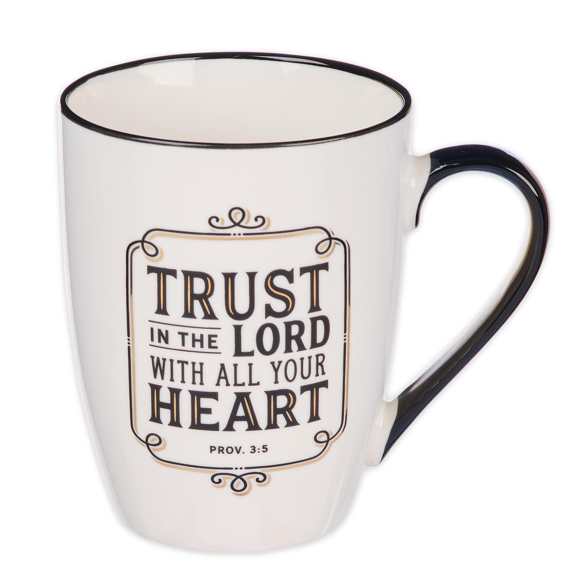 Christian Art Gifts Inspirational Bible Verse Ceramic Coffee & Tea Mug for Men & Women: Trust in the Lord Encouraging Scripture Proverb, Lead & Cadmium-free Novelty Drinkware, White/Black/Gold, 12 oz.