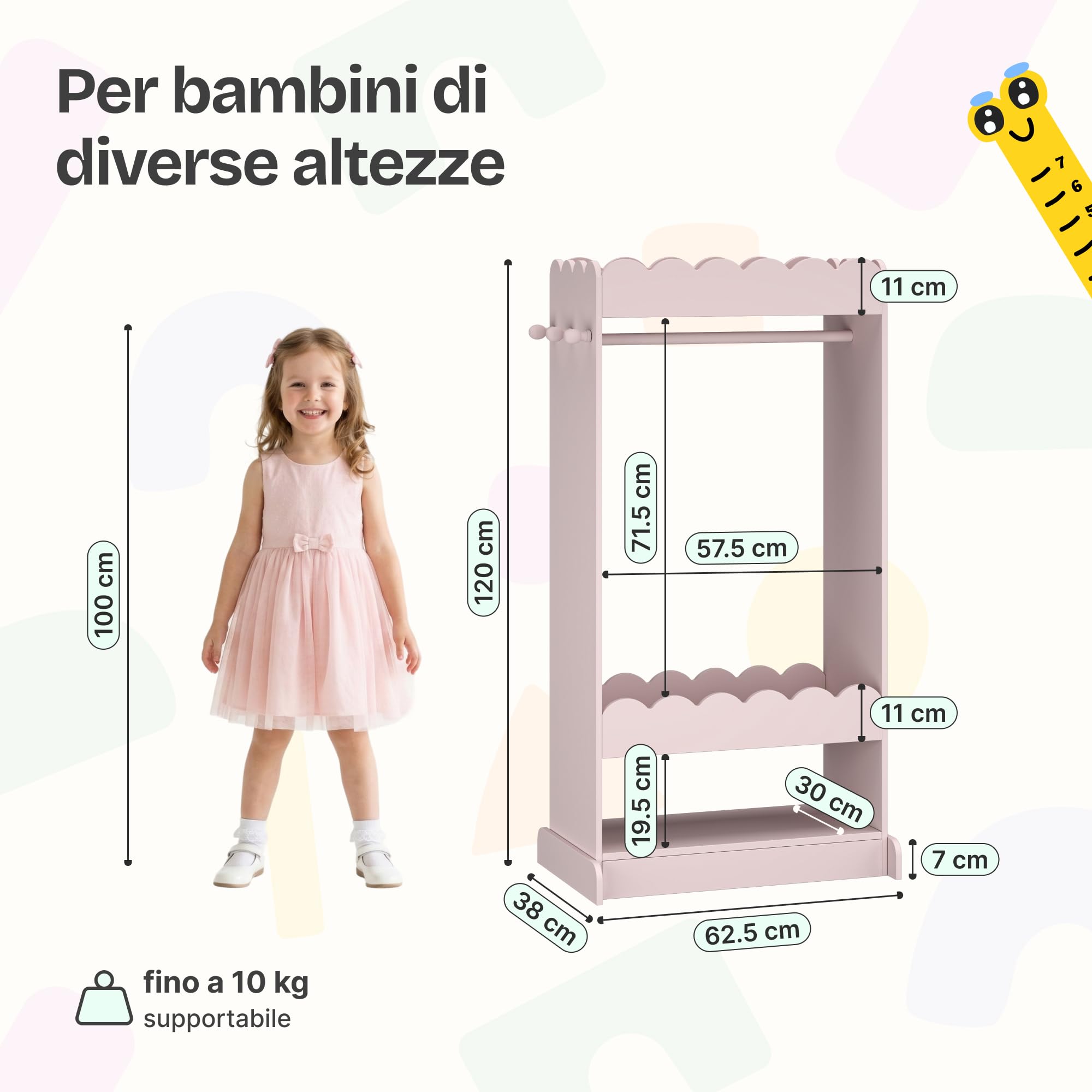 [en.casa] Armadio Guradaroba per Cameretta con Specchio Ovale Asta Appendiabiti e 2 Ripiani Vano Porta Oggetti Vestiti Scarpe a Misura di Bambini 120 x 63 x 38 cm - Rosa
