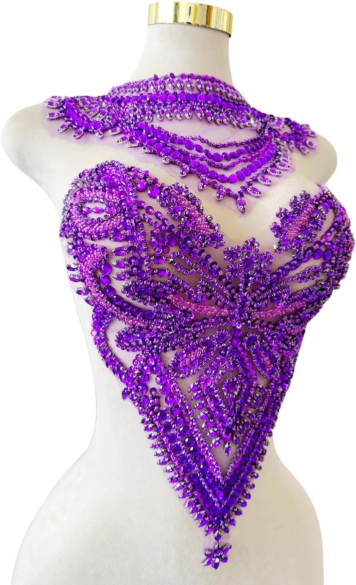Handmade Rhinestones Applique sew on lace Crystal Sequins Trim Patches Accessories for Dress Clothing Neckline and Chest Decorative Material 2PCS/Set (Purple)