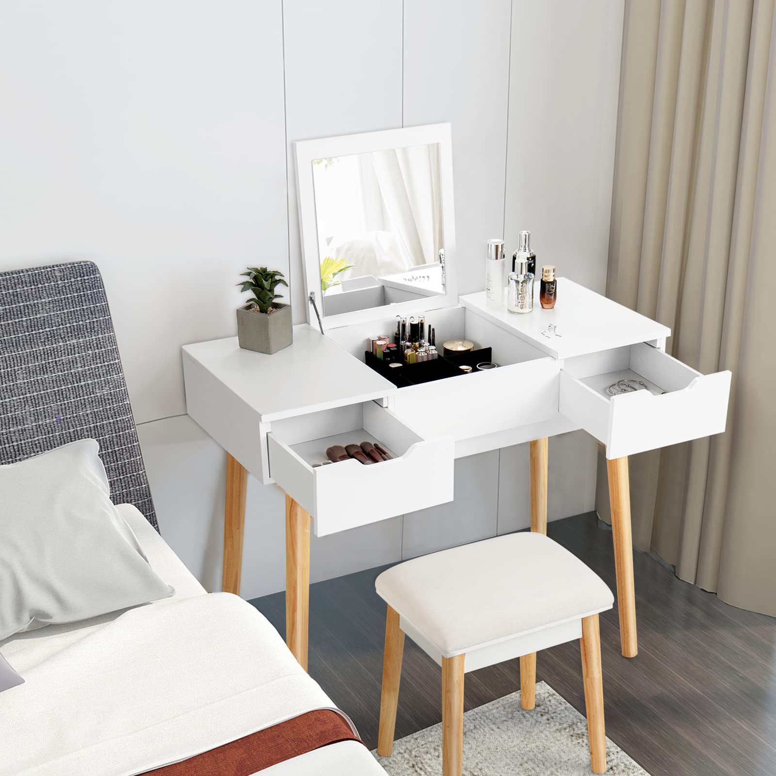 CHARMAID Vanity Table With Flip Top Mirror And Cushioned Stool, Wooden Makeup Dressing Table Writing Desk With Drawer, Bedroom Bathroom Dressing Set For Kids Girls Women, Easy Assembly, White