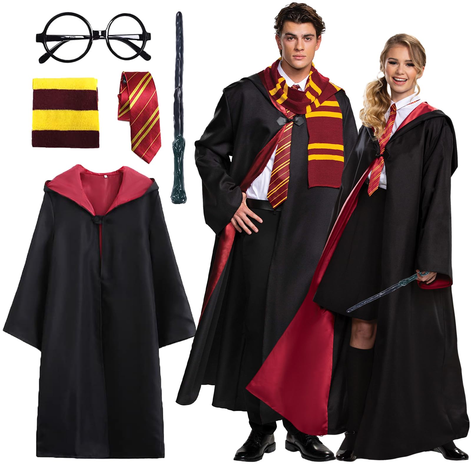 Kitimi Magic Robe, Umhang,4PCS Zauberer Cosplay Kostüm für Erwachsene,with Cape,Magic Wand,Glasses,Scarf,Tie,Halloween Wizard Costume for Cosplay,Carnival,Fancy Dress