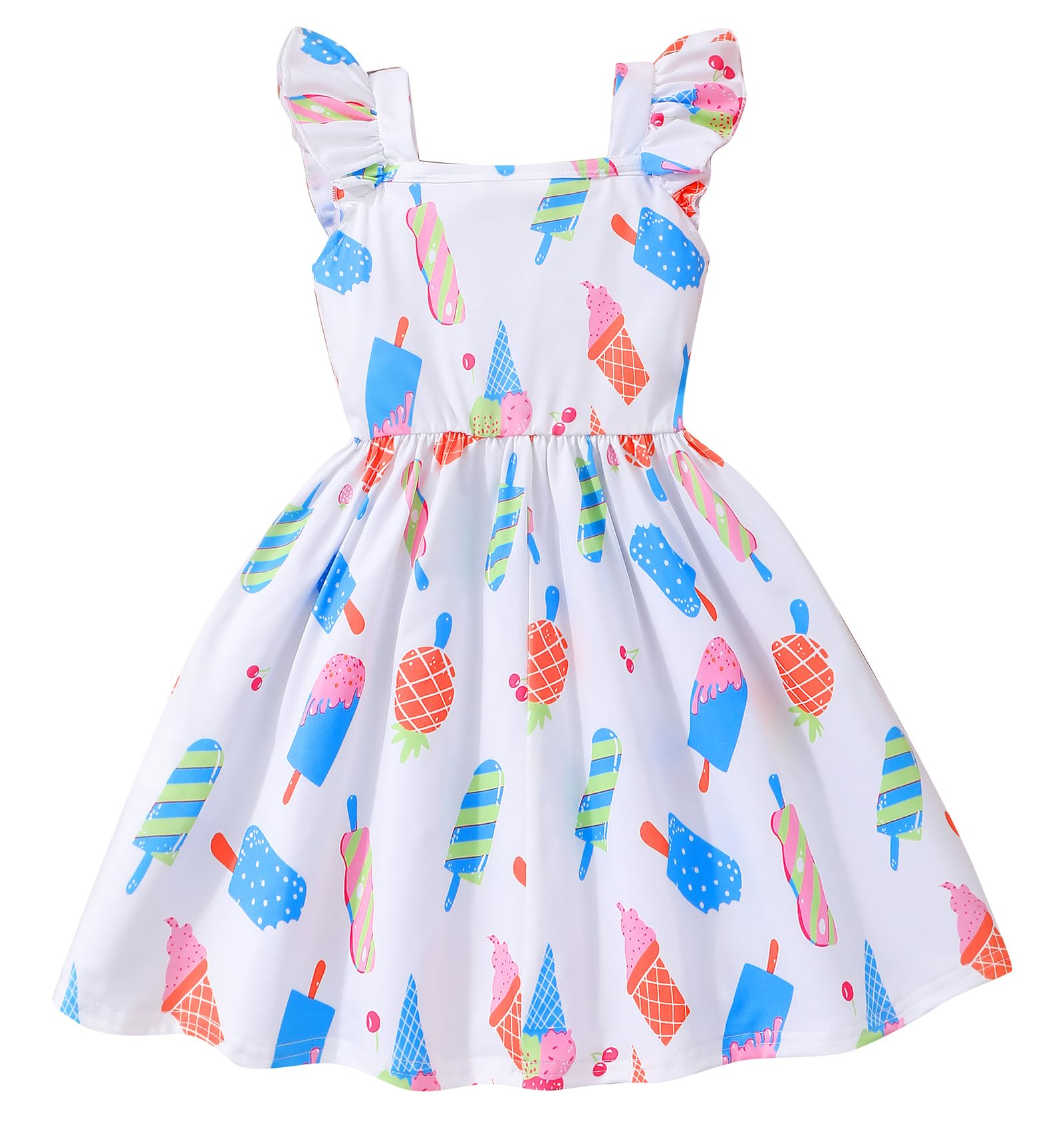 Toddler Girls Summer Dresses Ruffle Sleeveless Square Neck Dinosaur Unicorn Sundress Girls Flutter Sleeve Casual Dress 2T-8T
