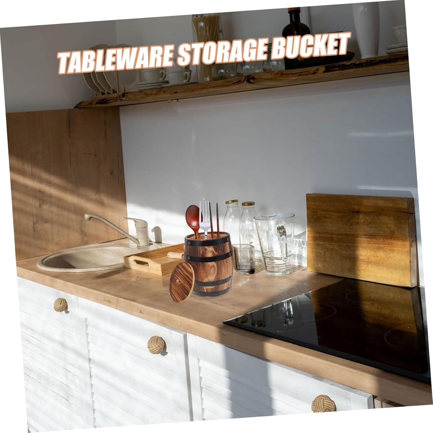 PRETYZOOM Vintage Rustic Wood Utensil Holder Multi-functional Cutlery Storage Bucket for Kitchen Home Office and Restaurant Elegant Organizer for Cooking Tools Charred Design