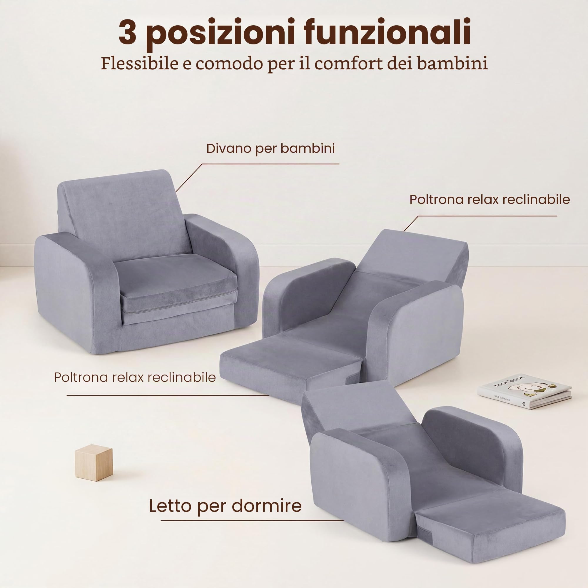 LIFEZEAL Divano per bambini pieghevole 3 in 1, mini divano per bambini pieghevole con fodera rimovibile in velluto cristallo, divano letto in schiuma, poltrona per bambini per camera da letto e sala