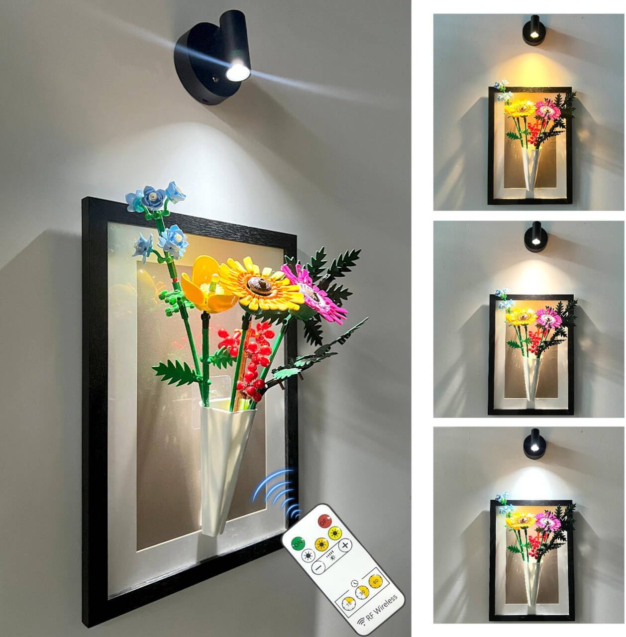 Wall Art Frame Vase for Lego Flowers Bouquet Building Set with 3-Color Rechargeable LED Wall Lights, No-Drill Installation, Display Vase for Lego Roses Cherry Blossom Sunflower Tulips (Black(1 Pack))