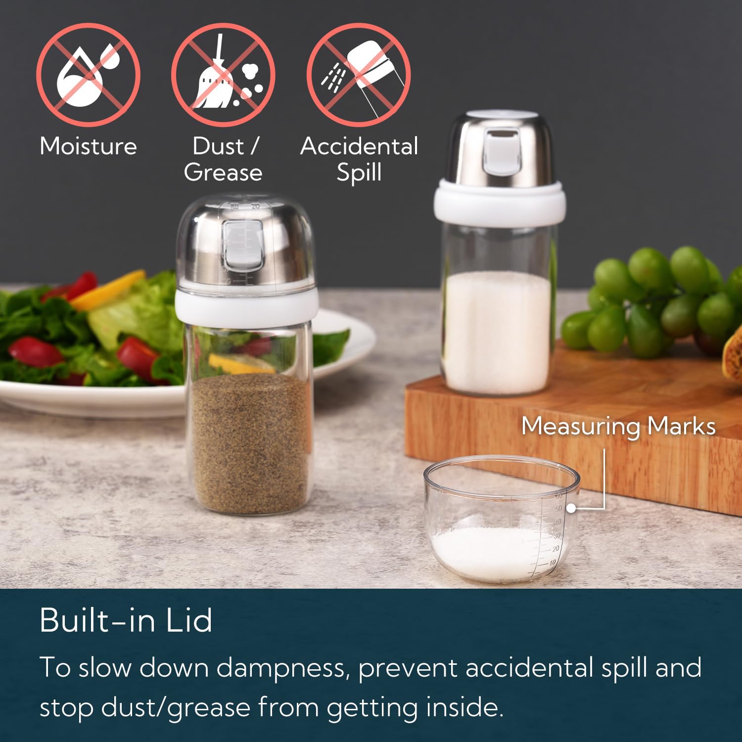 KTCHENDAO - Salero y pimentero 2 en 1 de vidrio con boquilla lateral, tapa integrada para prueba de humedad, elegante dispensador de sal y pimienta de vidrio de borosilicato para cocina, sin BPA, 4