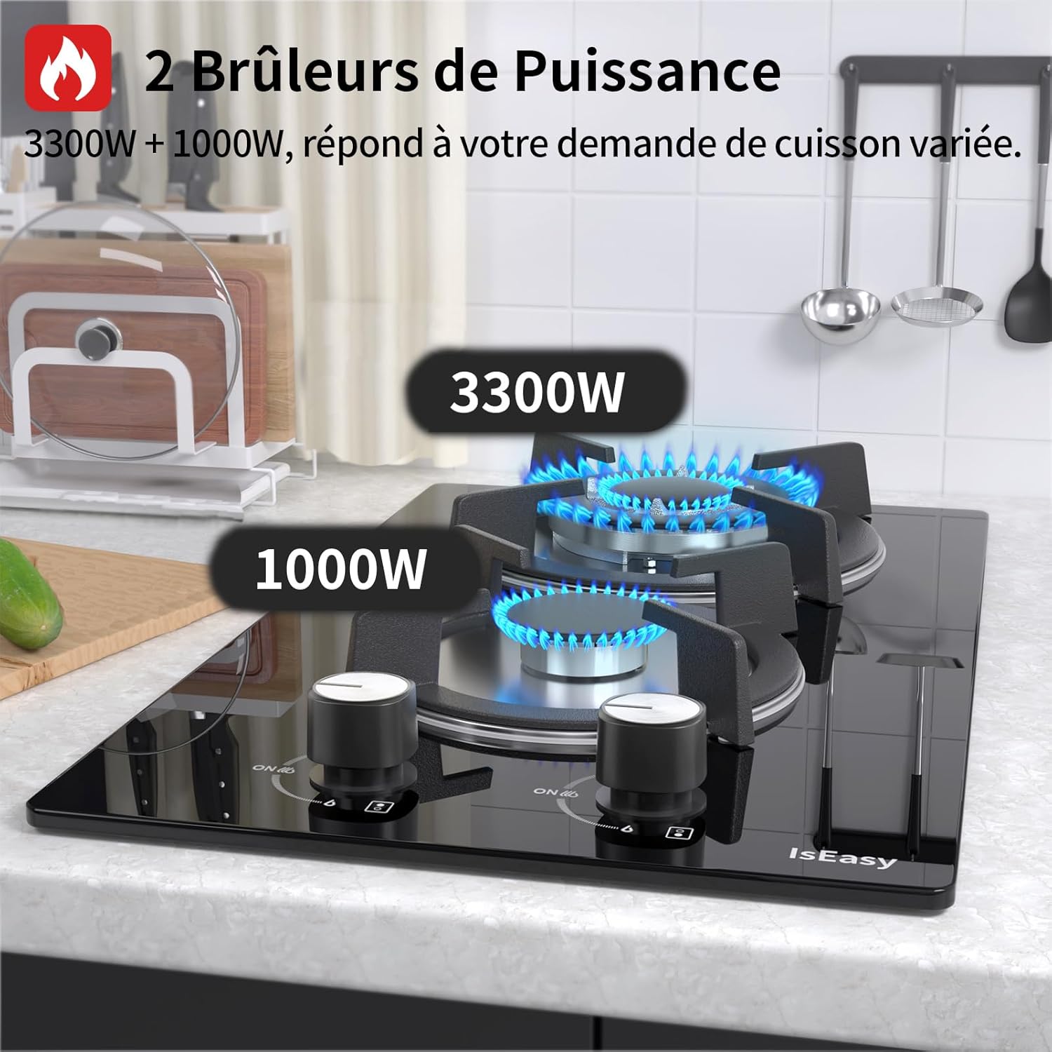 Illustration showing the power output of the two burners: 3300W and 1000W.