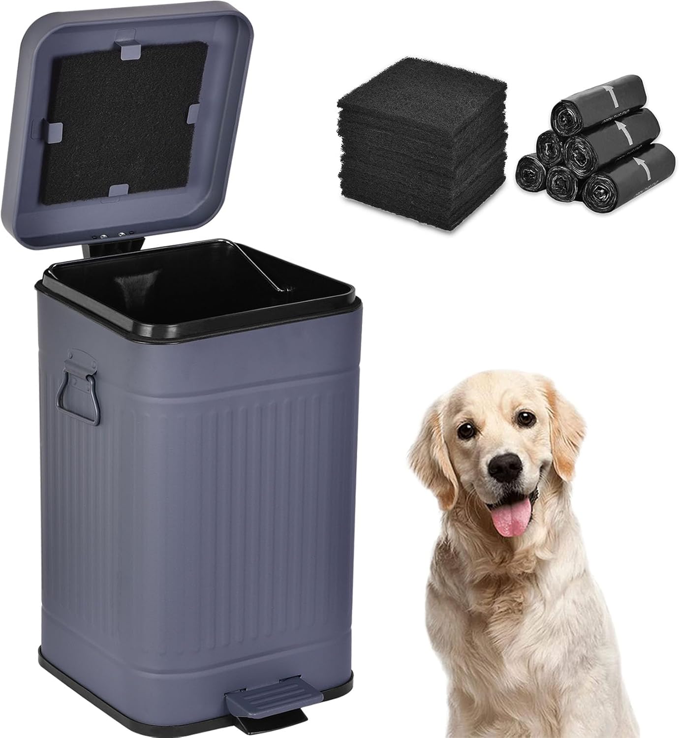 Dog Poop Trash Can with Lid for Outdoors，3.2 Gallon Trash Can with Activated Carbon Filter & Plastic Bags, Pet Waste Container，UP12L-GY-F+90BK