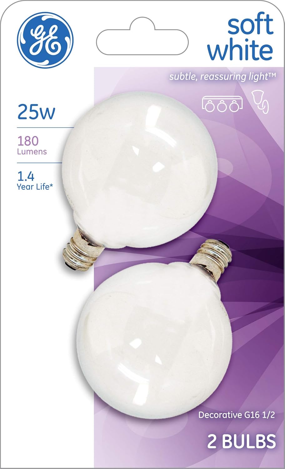 GE Soft White 44412 25-Watt, 180-Lumen G16.5 Light Bulb with Candelabra Base, 2-Pack