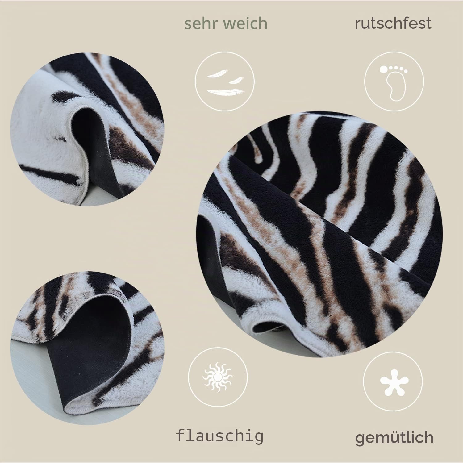 Rugoo Zebramuster Teppich, 2 x 2,6 m, Schwarz-Weiß, Tierdruck, Cartoon, Niedlicher Kunstfell-Teppich, Matte für Wohnzimmer, Schlafzimmer, Kinderzimmer, Sofa