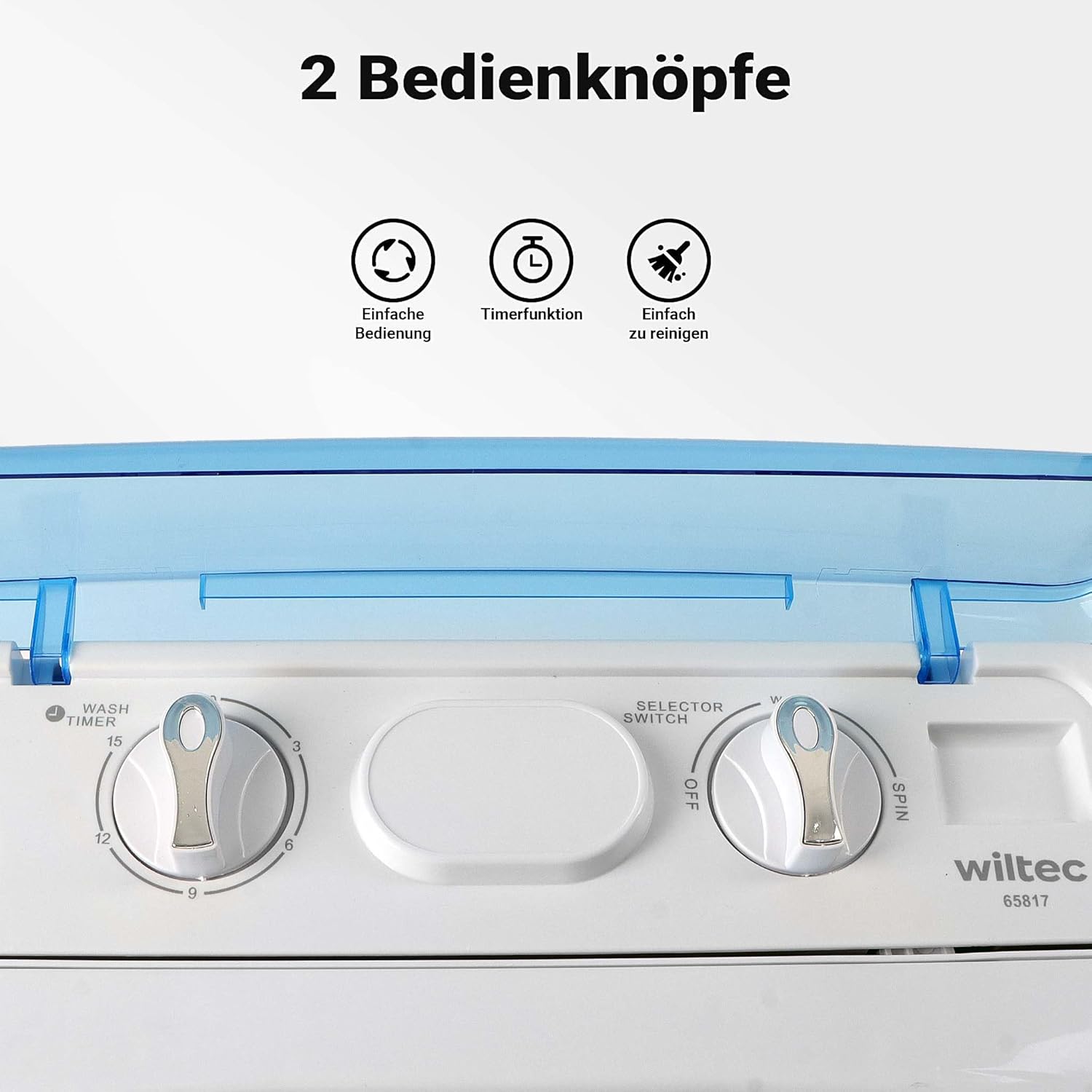 Close-up of the control panel with wash timer, selector switch, and spin timer