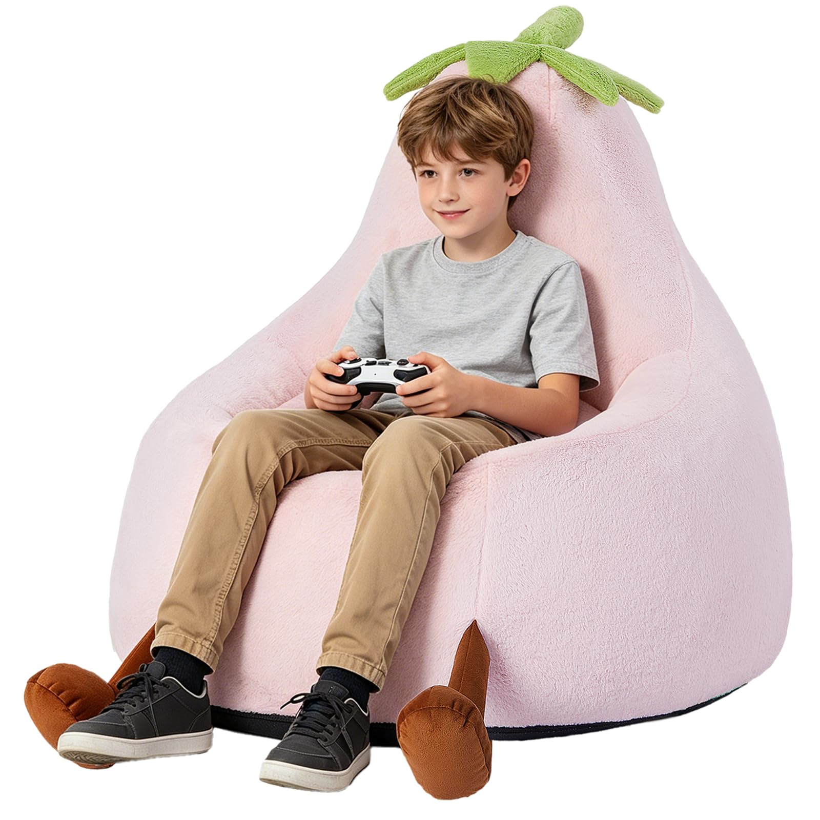 31 Inches Memory Foam Bean Bag Chair - Ultra Soft Faux Rabbit Fur Round Sofa with Handle &amp; Machine Washable Cover, Comfy Chair for Kids Teens, Perfect for Reading Gaming in Living Room Bedroom，Pink