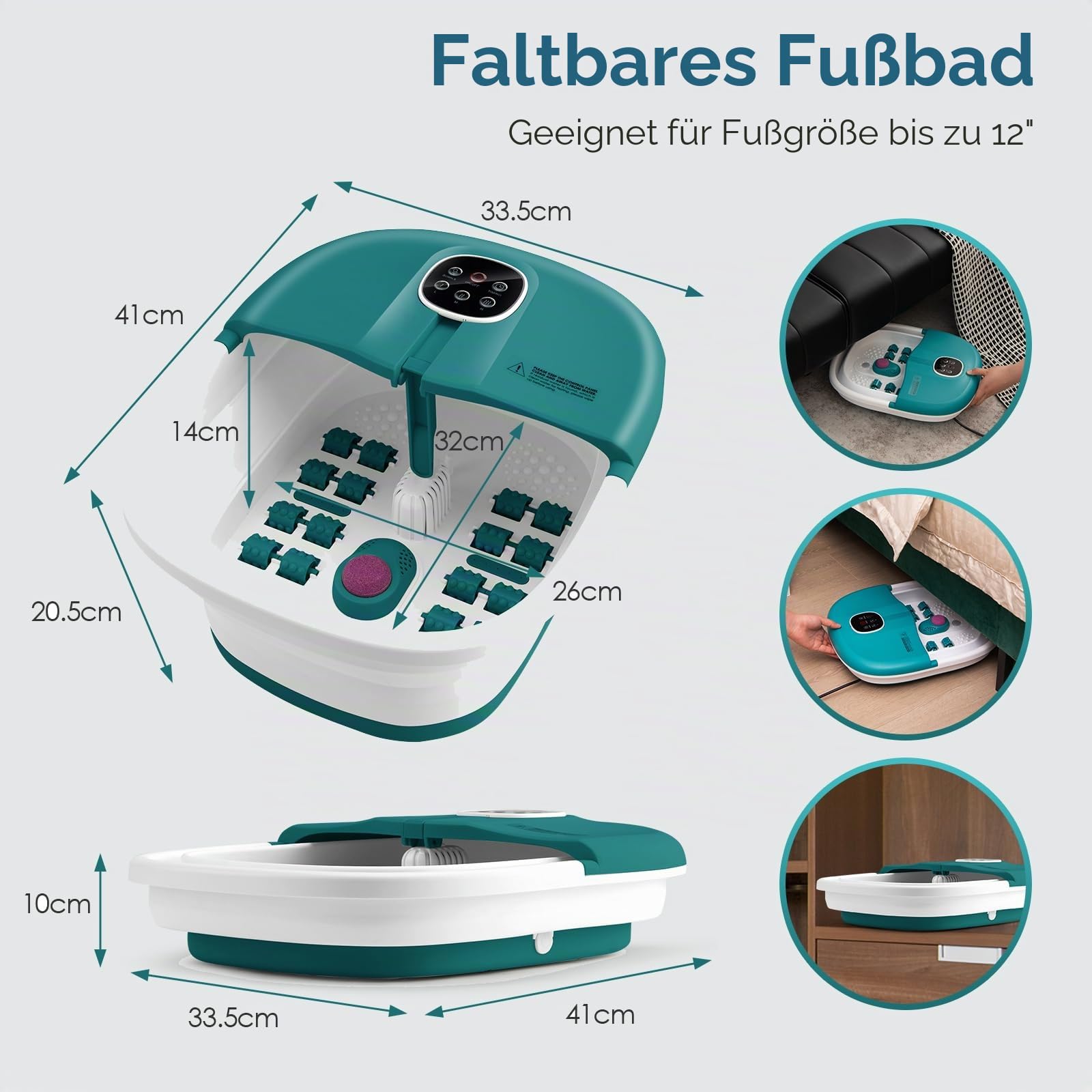 HOMASIS 500W Fußbad mit Massage & Heizung, faltbares Fußmassagegerät Fußsprudelbad mit Massagerollen, Bimssteinen, Elektrisches Fussbad 41/43/45°C, Fußbadewanne Timer 20/60 Minuten (Türkis)
