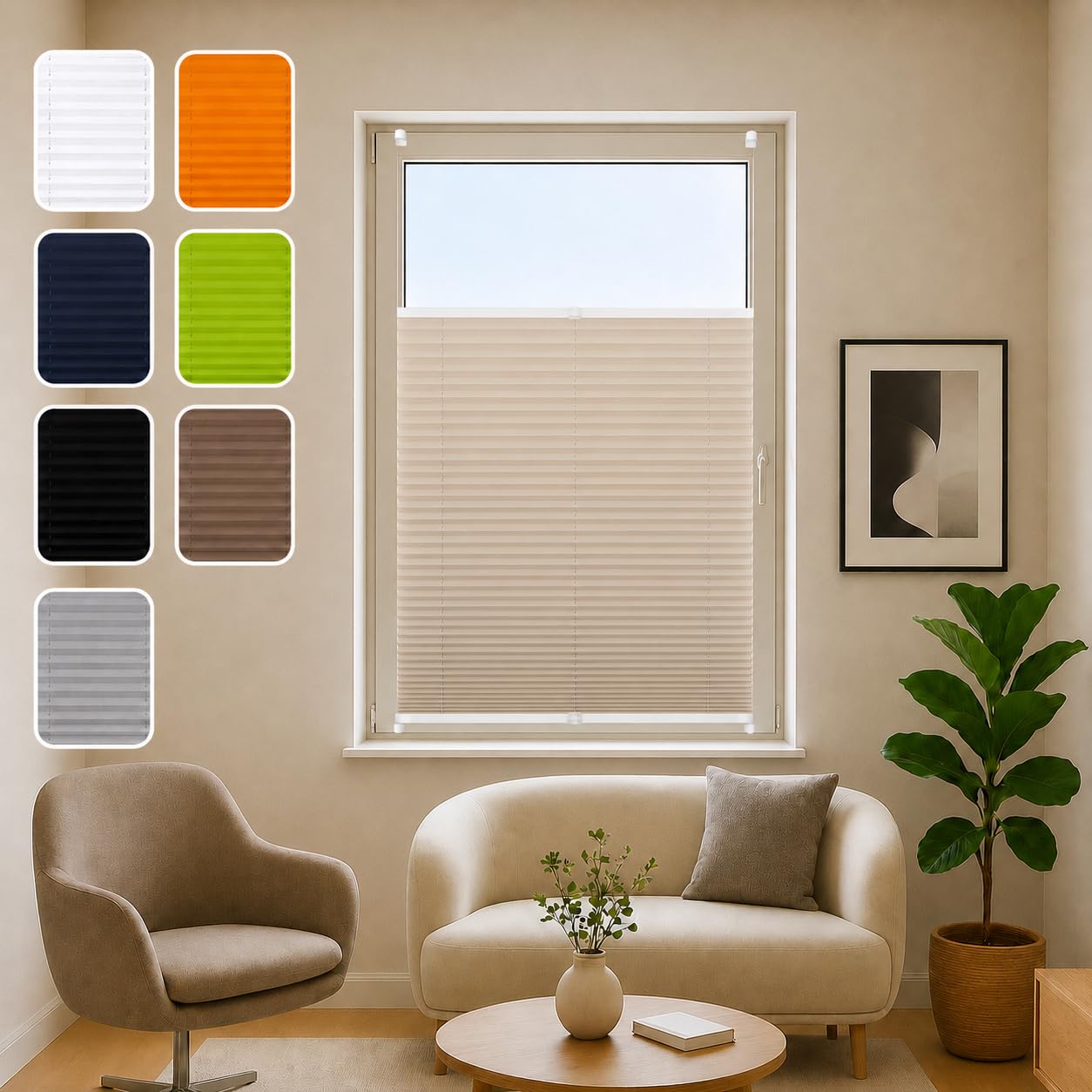Plissee ohne Bohren 120x130 cm beige | Blickdicht, Sichtschutz für Fenster & Tür | Easy-to-fix