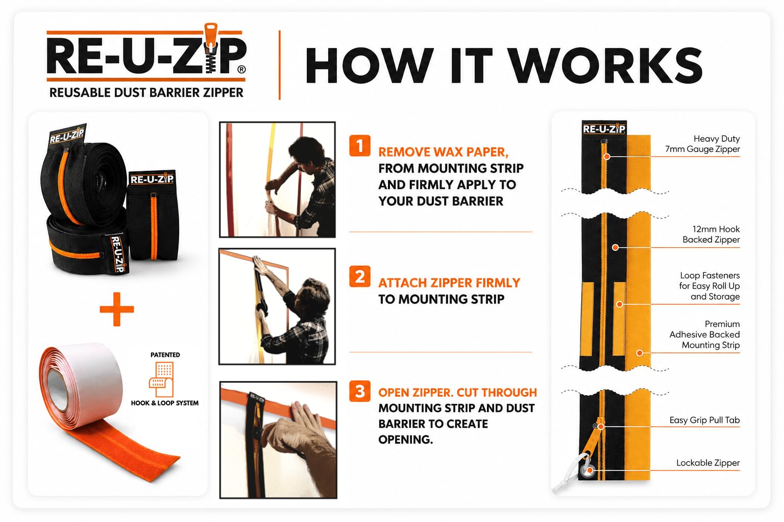 RE-U-ZIP Cremallera de barrera de polvo reutilizable | Paquete Pro – 6 cremalleras naranjas + 12 tiras de montaje + funda de transporte