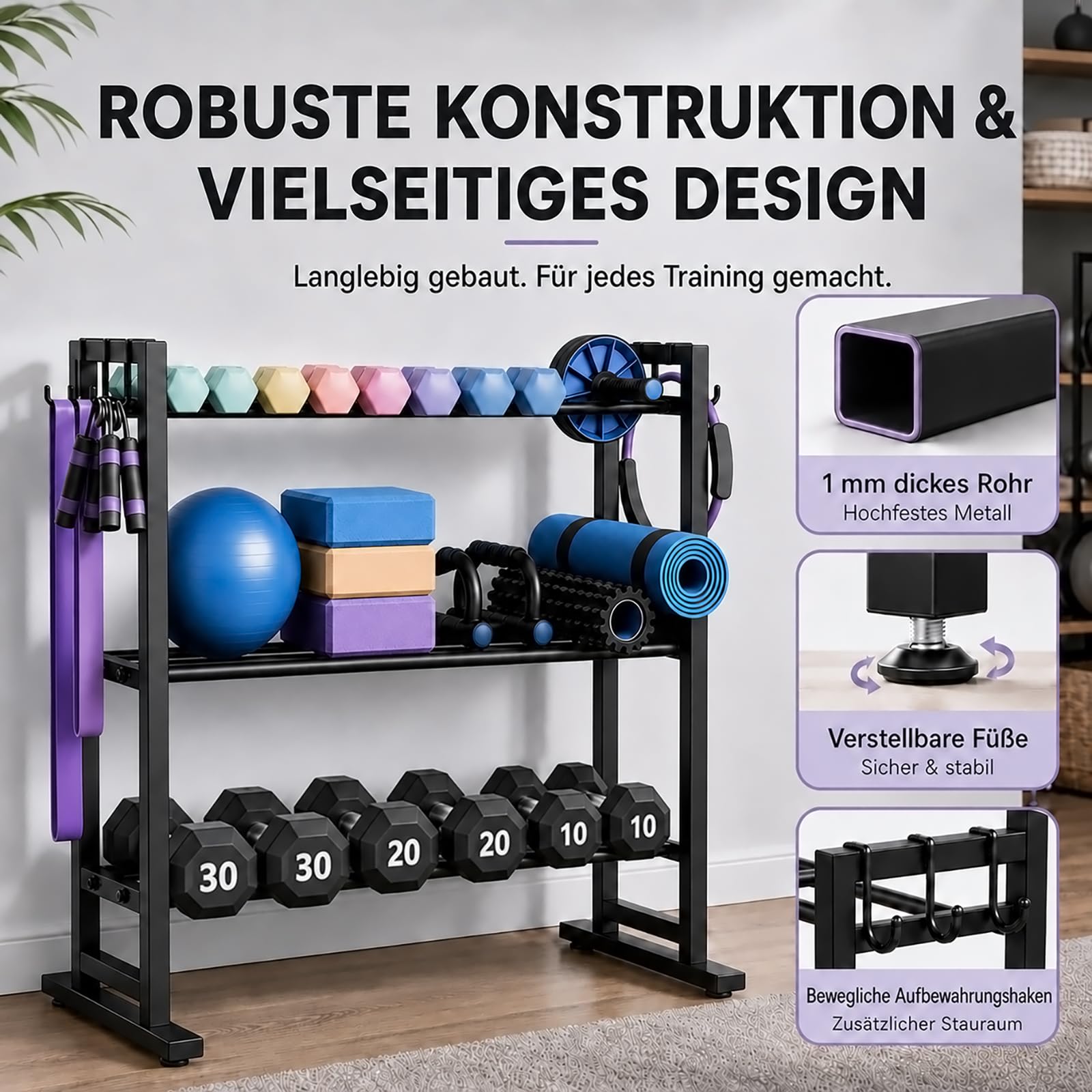 3-Stöckiger Hantelständer, 204kg / Verlängerter Sockel Hantelablage | Breite Verstellbarer, 6 * Seitlichen Haken, 82 × 42 × 80 cm, Kurzhantel Ständer Fitnessgeräte Aufbewahrung für Home Gym