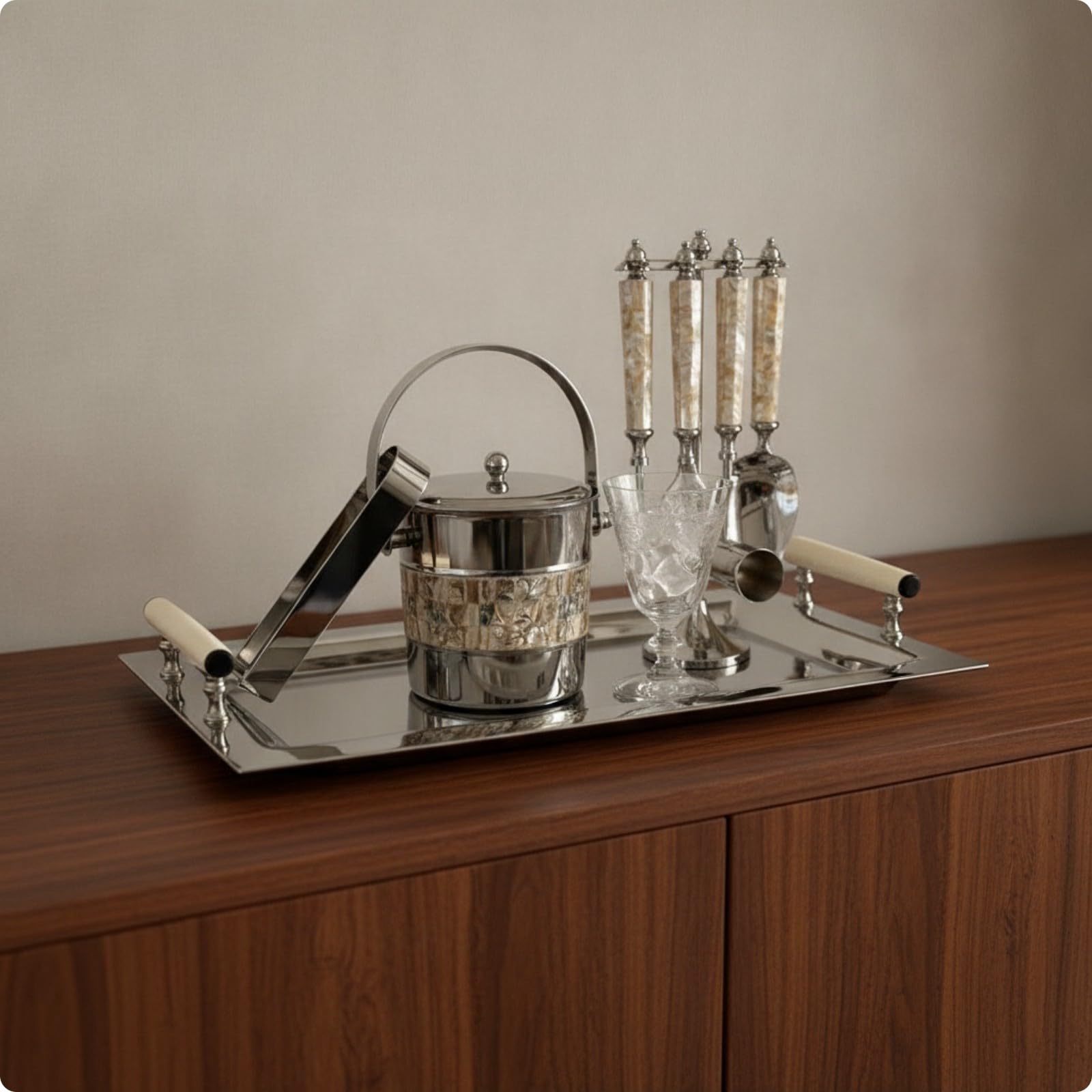 KESOTO Kit da Bar con Portautensili e Accessori | Elegante, Set da Bar in Acciaio Inox con Vassoio e Secchiello per il Ghiaccio, Pratico, Relax, Beige
