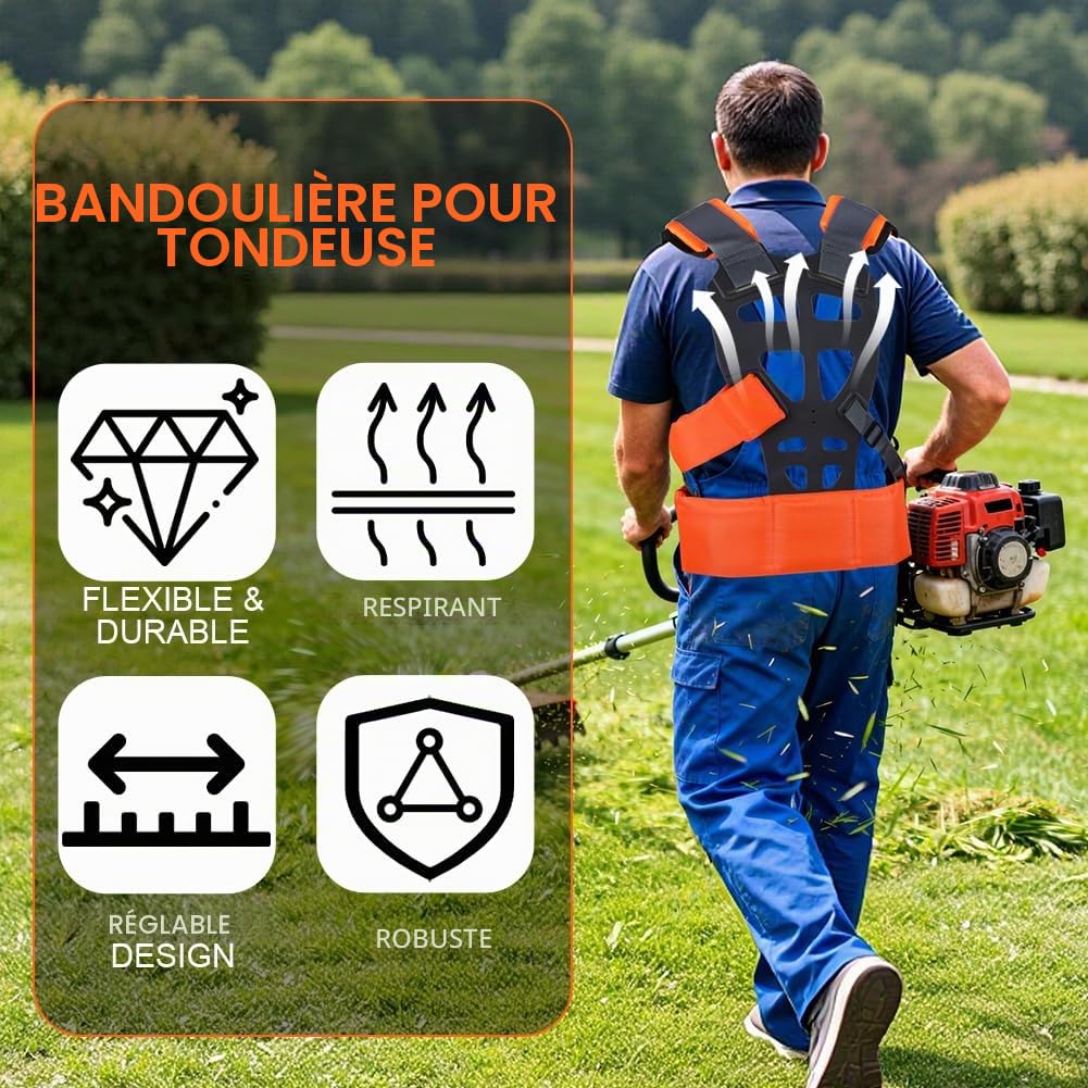 Harnais Debroussailleuse Double-Épaule Réglable, Universal Strimmer Harness Padded, Confortable Double Sangle d'épaule, pour Gardenning, Tondeuse et Débroussailleuse(Orange et Noir)