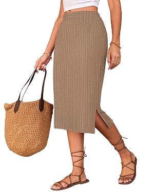 Naggoo Knitted Midi Skirts for Women Summer Elastic High Waisted Side Slit Long Skirt