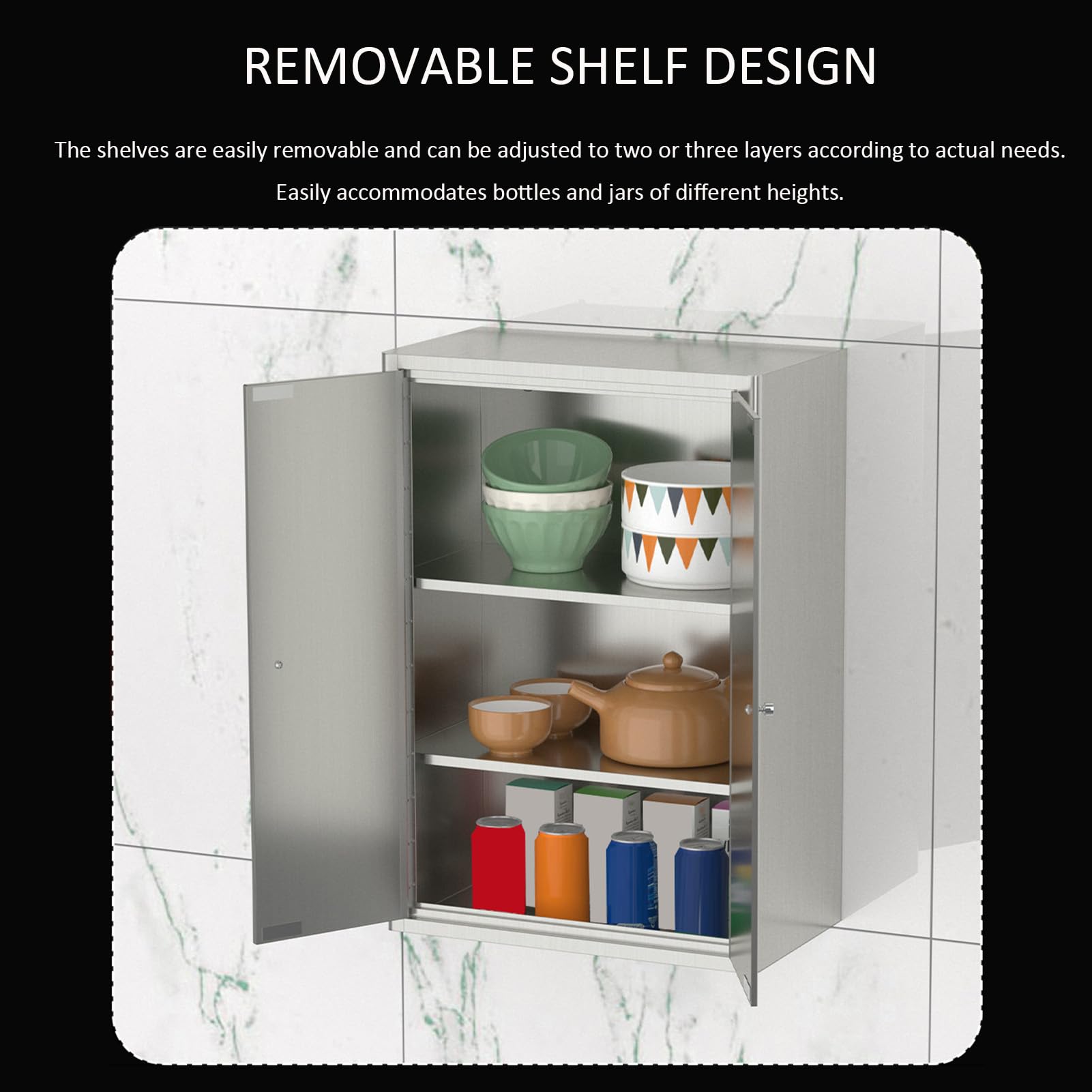 Armoire murale en acier inoxydable avec portes, étagères réglables, organiseur de rangement pour salle de bain, cuisine, garage, étagère peu encombrante, armoire à pharmacie