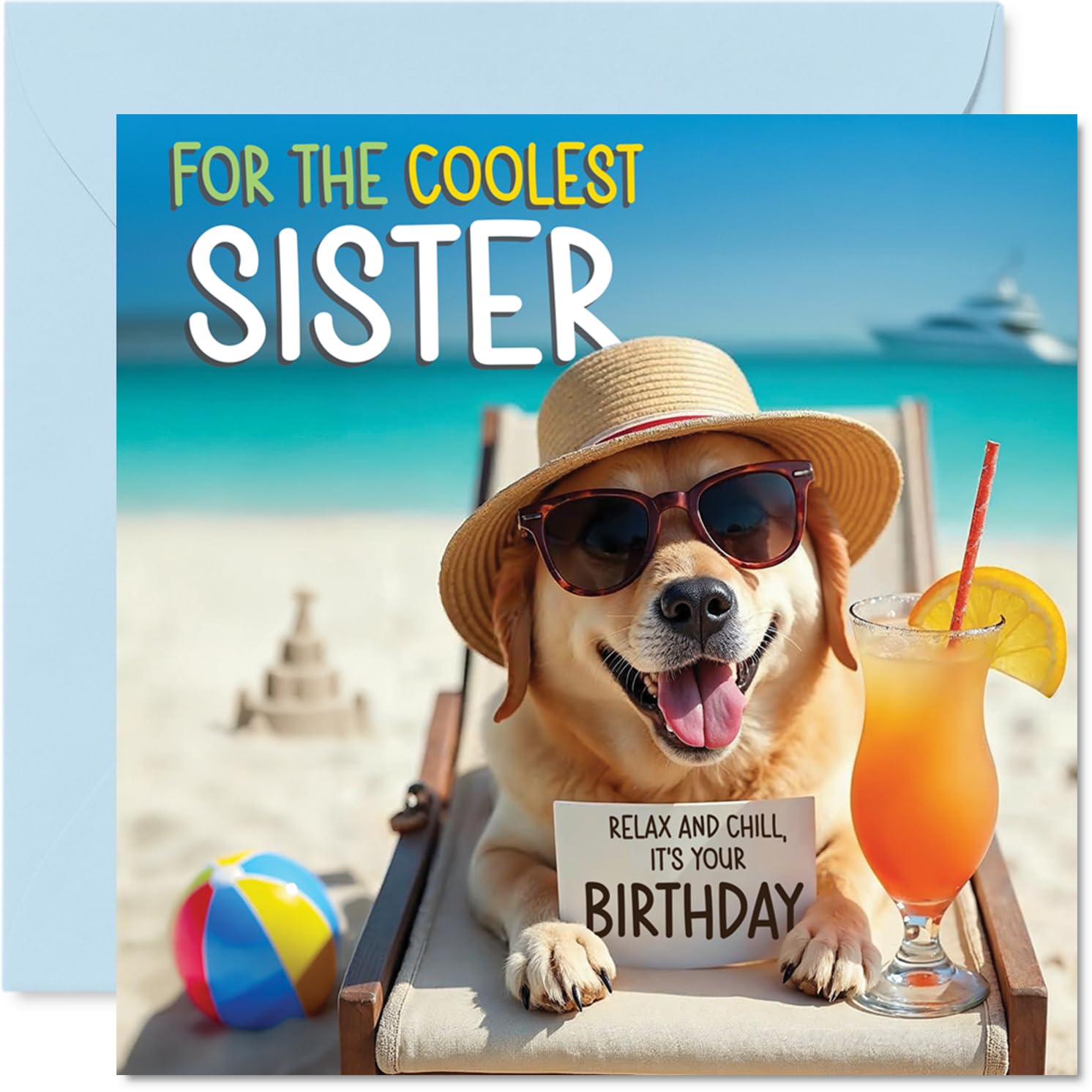 Sister Birthday Card - Chill Beach Dog - Happy Birthday Card for Sister from Brother Sibling, 145mm Chill Beach Dog Bday Greeting Cards