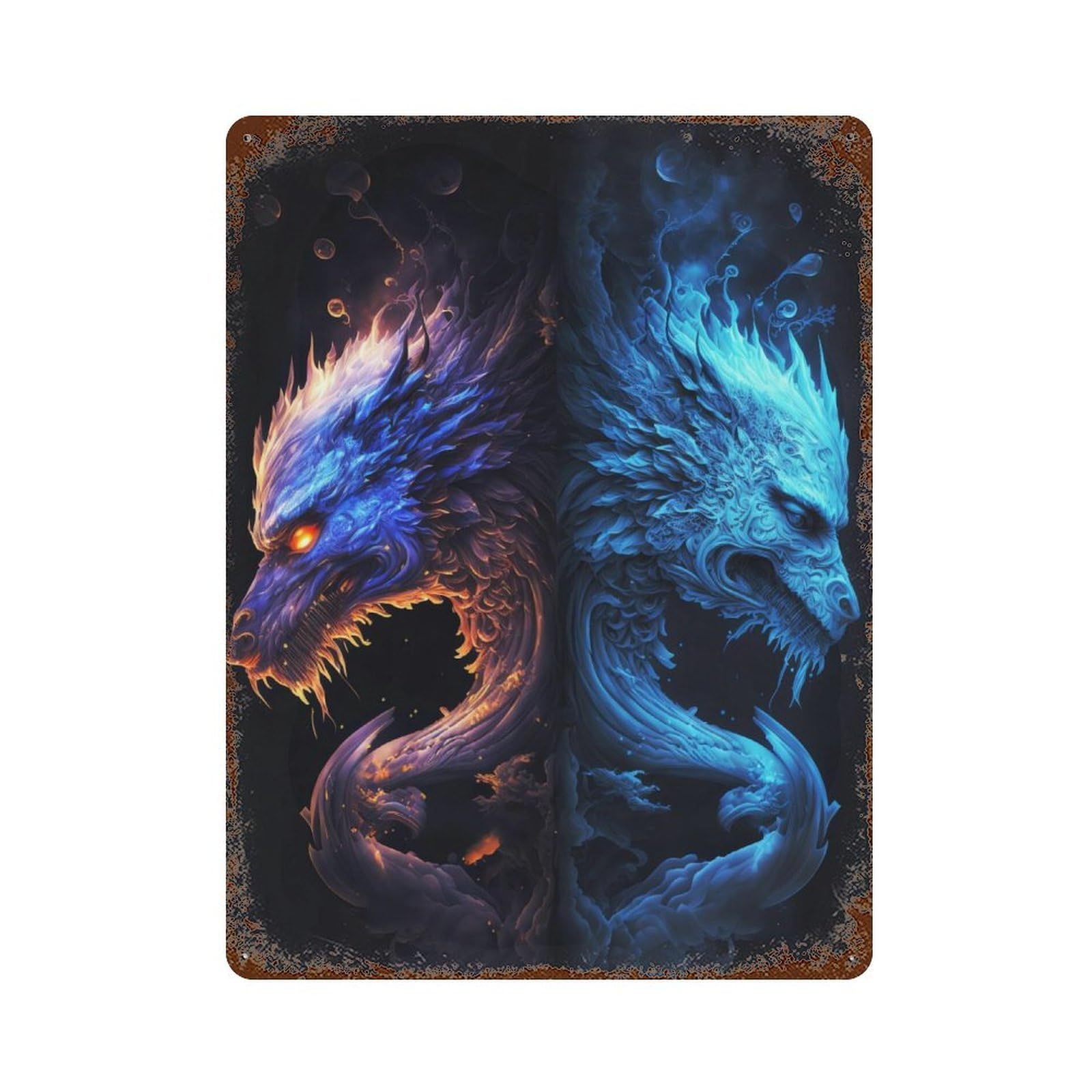 Fire & Ice Fantasy Dragon Artwork Distressed Metal Wall Sign 15.7"x11.8", Shabby Chic Decor for Garage, Pub Or Kitchen