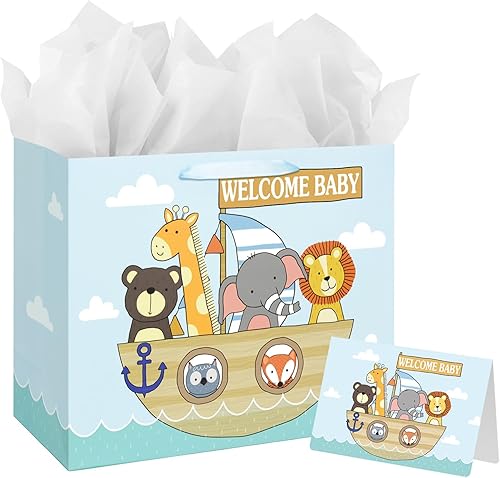 Bolsa de regalo grande de 13 pulgadas con tarjeta y papel de seda para baby shower, cumpleaños de niños (animal)