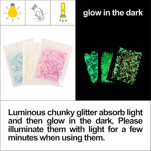 Miniatura 6 de Gemas nocturnas para la cara, 12 piezas de calcomanías luminosas de diamantes de imitación y 0.55 onzas de purpurina gruesa que brillan en la