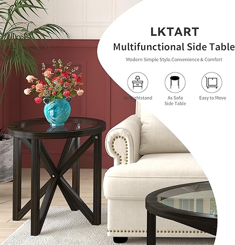 Miniatura 6 de HMFULE Juego de mesa auxiliar redonda de 3 piezas, 1 mesa auxiliar y 2 mesas auxiliares con parte superior de vidrio templado y base de madera