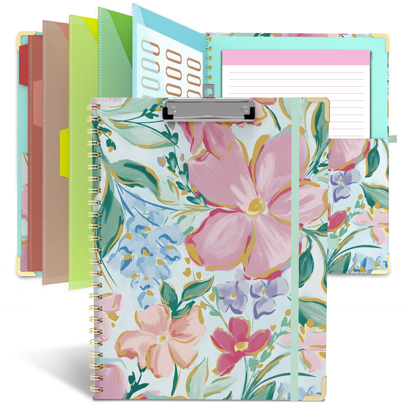 Porte-bloc avec rangement 21,6 x 27,9 cm, bloc-notes à spirale avec 10 poches et 5 dossiers, essentiels pour enseignants infirmiers, écoles (rose floral)