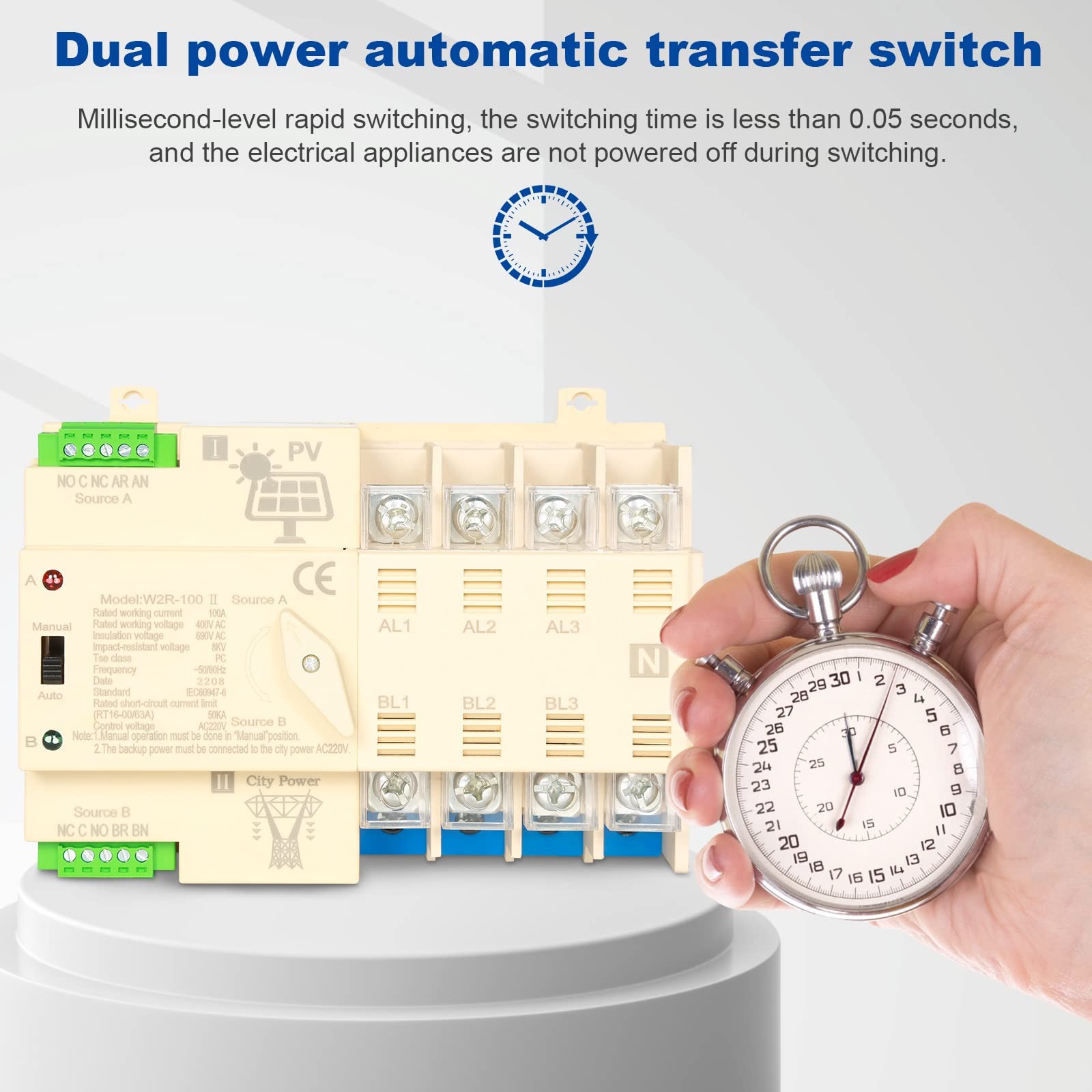 Jadeshay ATS Fotovoltaico Commutatore Automatico Doppia Alimentazione Fotovoltaico 4P 63A 220V su Guida DIN 35mm Interruttore di Trasferimento Automatico per Impianto Fotovoltaico