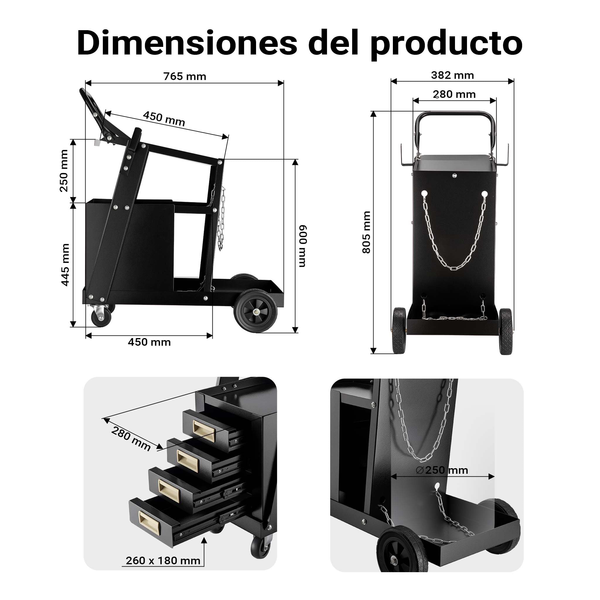 Wiltec Carrito para Equipo de Soldadura 100 kg Hecho de Acero con 4 cajones y Ruedas para fácil Transporte Ganchos para Herramientas Cadenas de Seguridad para bombona Carro para Taller