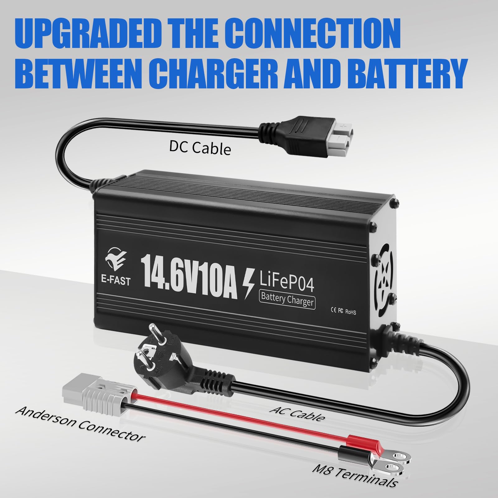 Cargador de batería de 12 V y 10 A, Cargador de batería LiFePO4 de 14,6 V, Especial para baterías Recargables de Ciclo Profundo de Litio