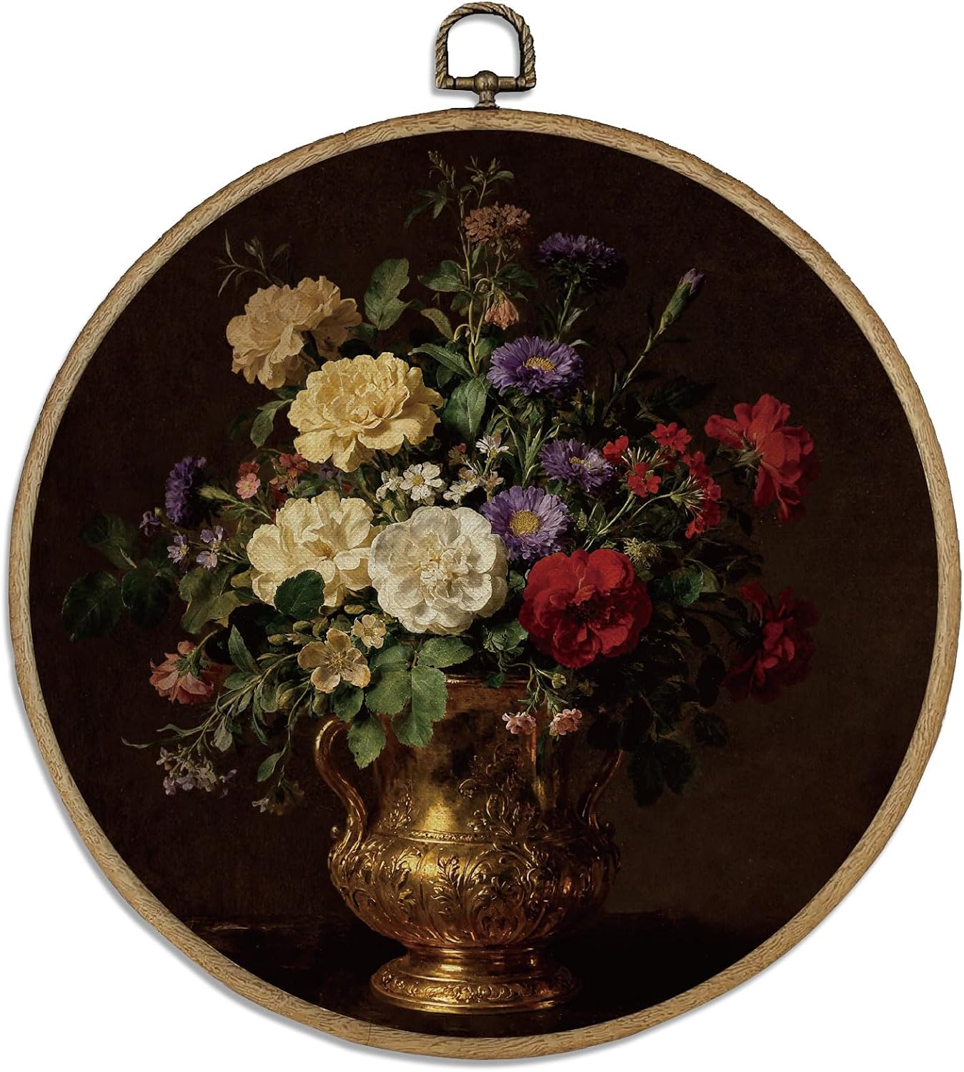 DELORIGIN Baroque Flowers Round Framed Wall Art Decor 10″ Retro Wall Hanging Canvas Prints Art Canvas Circle Frame Artwork Print for Walls Farmhouse Door Sculptures Bedroom Living Room Porch