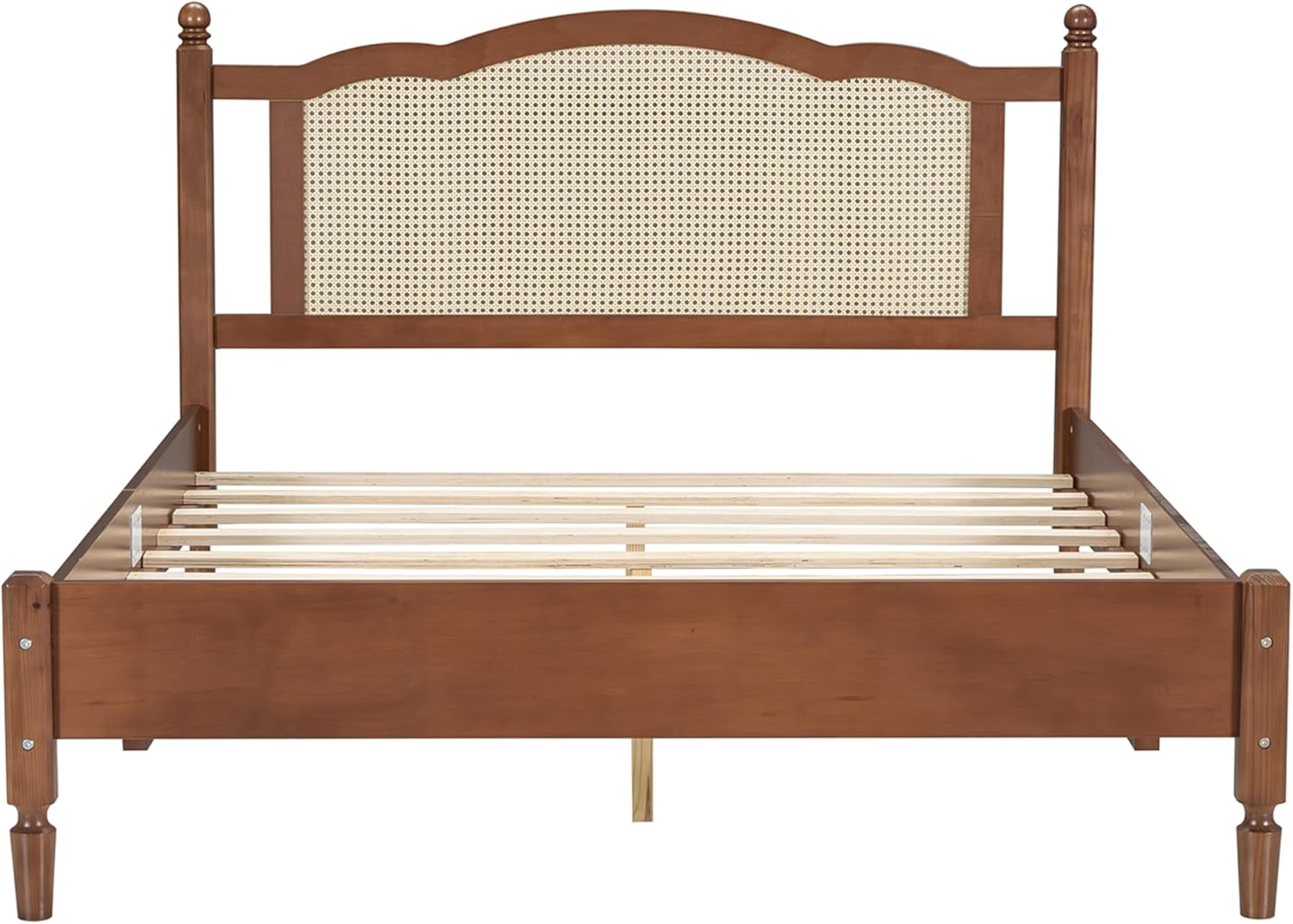 Merax Queen Bed Frame with Rattan Headboard, Vintage Farmhouse Wooden Platform Beds for Bedroom and Guest Room, No Box Spring Needed, Walnut