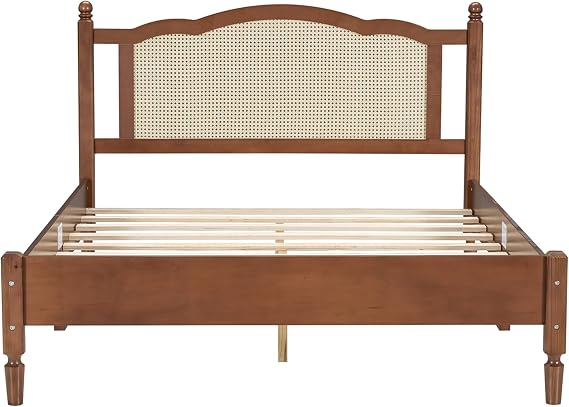 Bohemian Queen Bed Frame - Rattan Headboard, Arc Design, Wooden Slat Support, Wicker Bed Frame for Bedroom (Walnut)