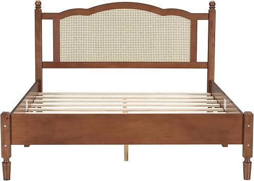 Bohemian Queen Bed Frame - Rattan Headboard, Arc Design, Wooden Slat Support, Wicker Bed Frame for Bedroom (Walnut)