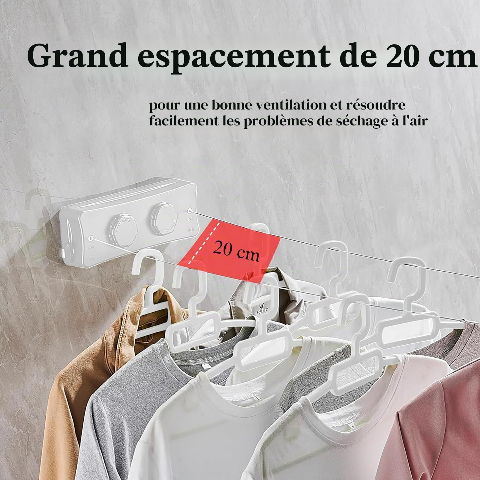 Corde à Linge Rétractable 5.1m,Fil à Linge Anti-Affaissement 20kg | Étendoir Linge Extérieur Mural Inox, Installation Facile pour Balcon, Salle de Bain, Camping (Blanc)