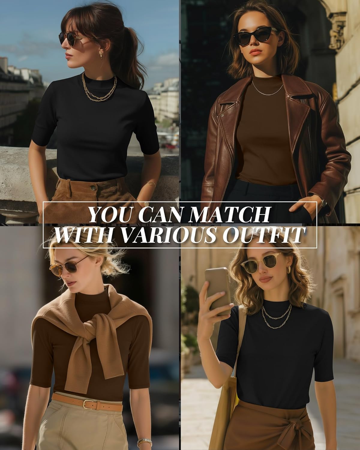 Ficerd 2 Pack Women's Mock Turtleneck T Shirts, Half Sleeve Business Casual Tunic Tops Slim Fit Summer Basic Dressy Tee Shirt - Image 2