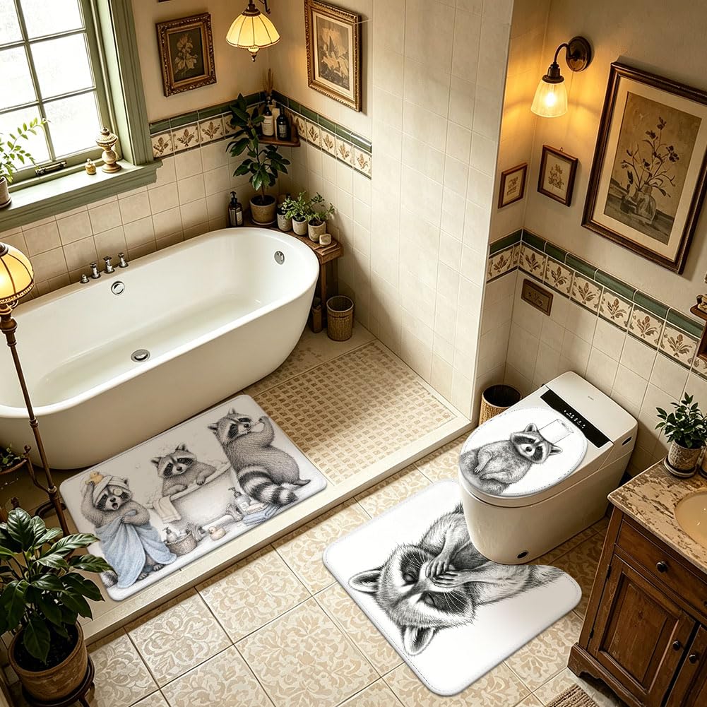 Set di 3 divertenti tappeti da bagno con procione, antiscivolo, decorazione per il bagno, lavabile, a forma di U, per ingresso, camera da letto, pavimento, lavanderia, hotel, cucina, vasca